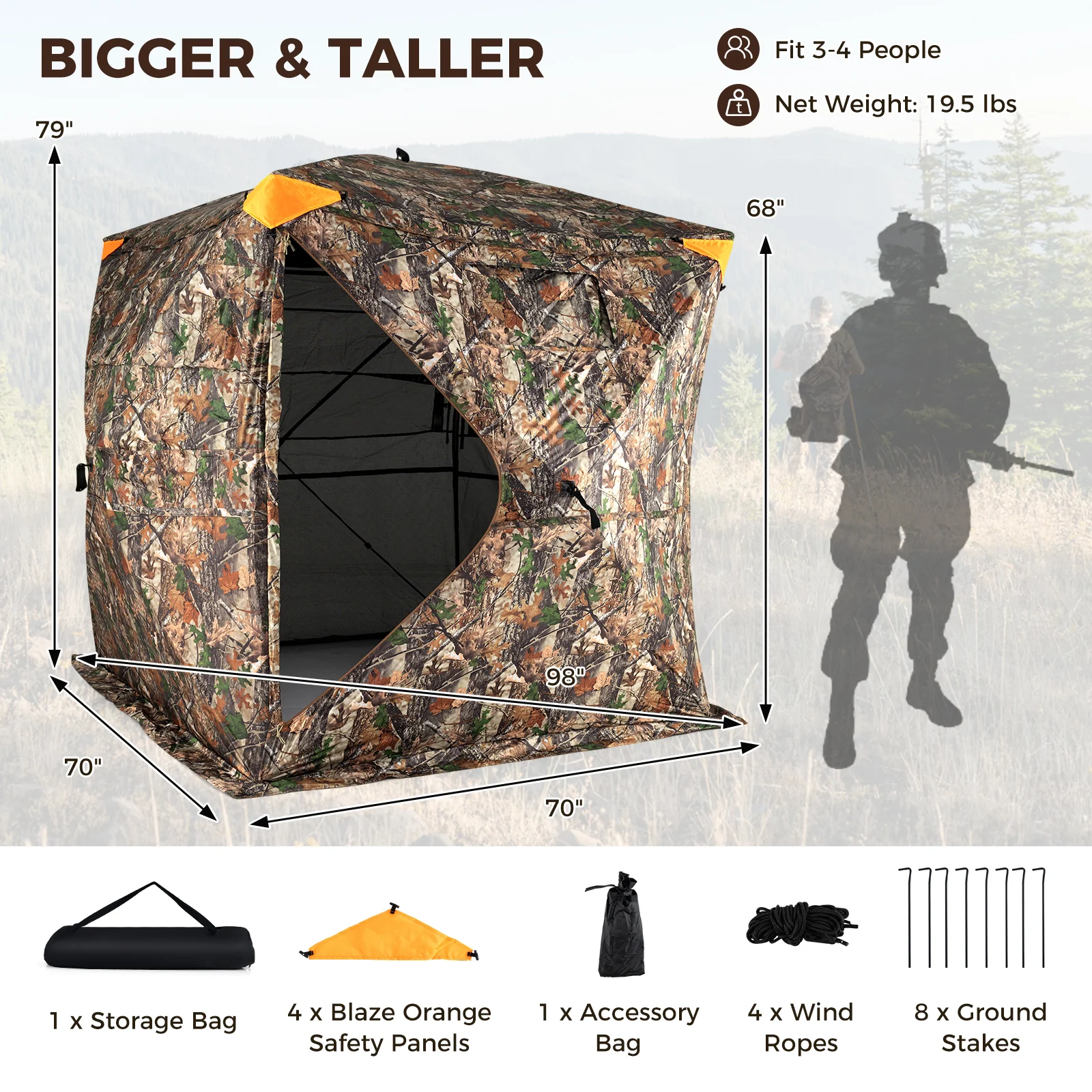 3-4 Person Hunting Blind 270° See-Through Pop-up Ground Blind with Full-Open Swing Door - Image 5