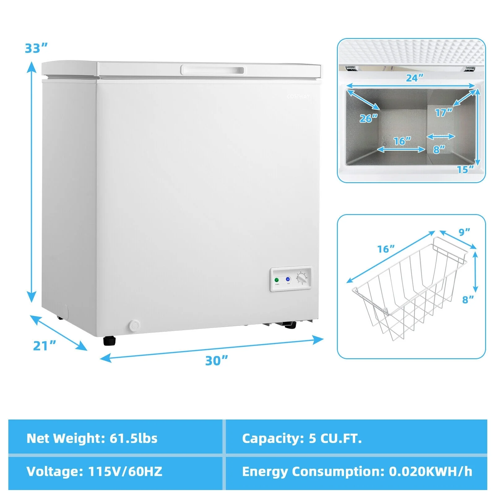 3.5/5 Cu.ft Compact Chest Freezer, Removable Storage Basket, White - Image 5