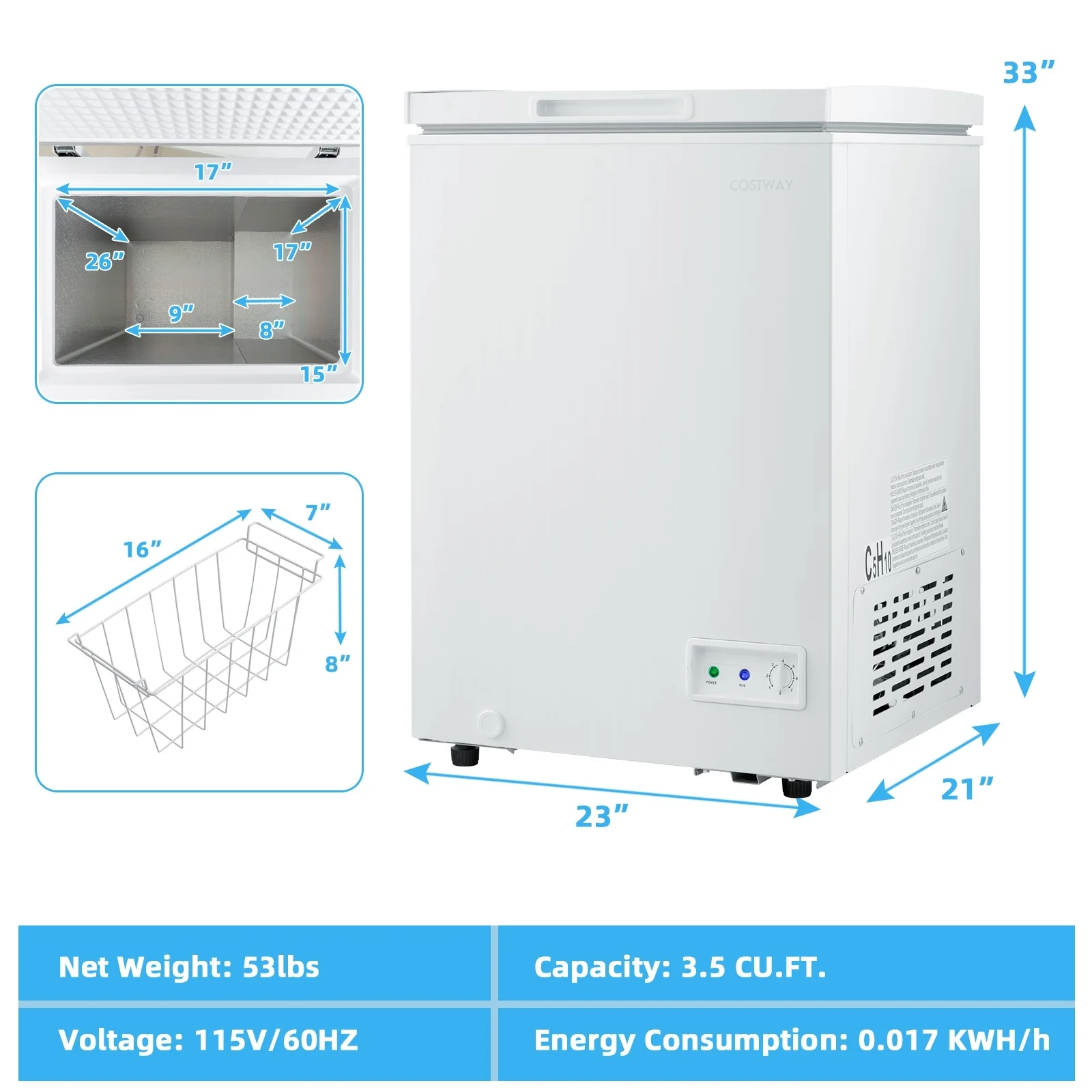 3.5 Cu.ft Compact Chest Freezer, Removable Storage Basket, White - Image 5