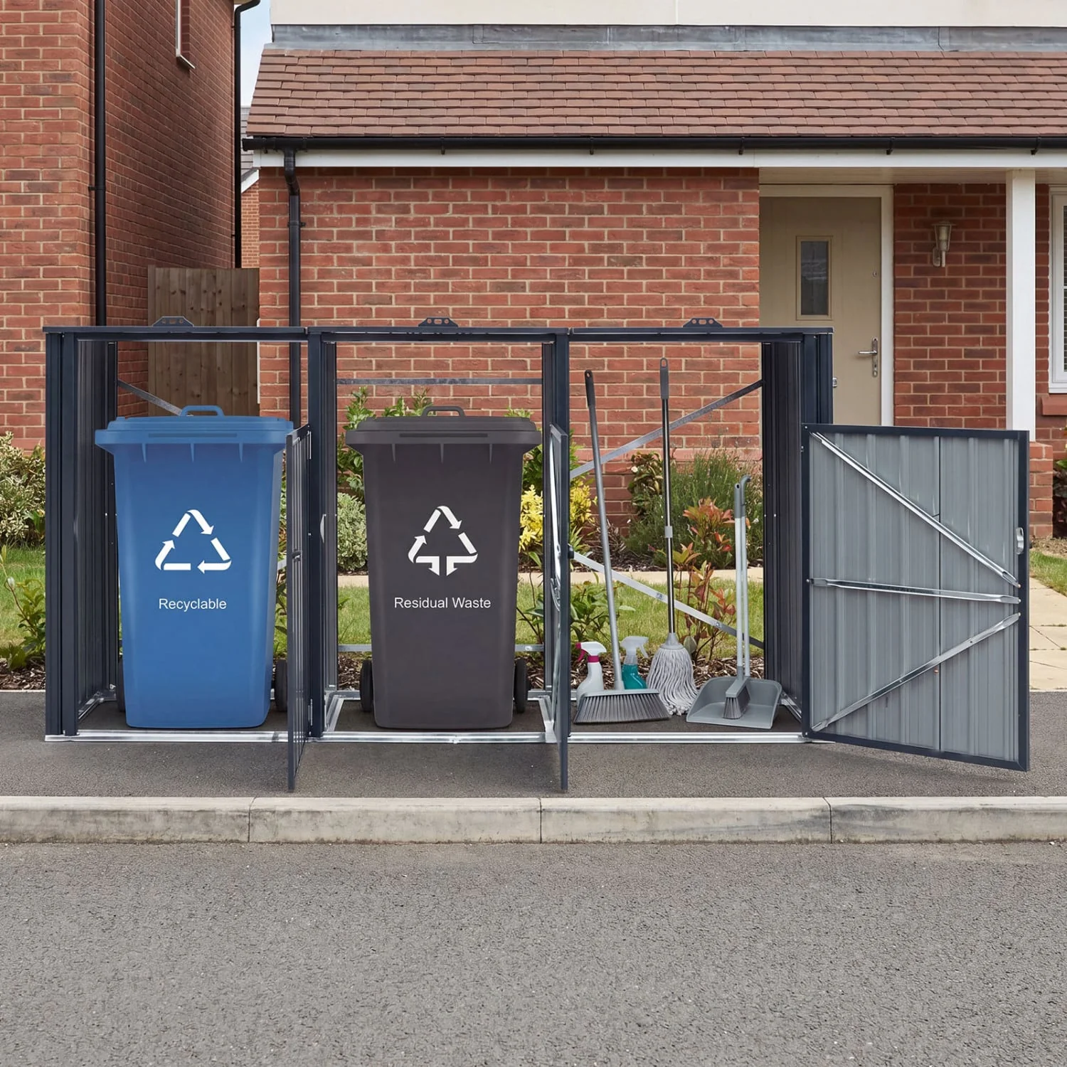 3-Bin Metal Trash Can Shed with Flip-Up Lids, Dark Gray - Image 3