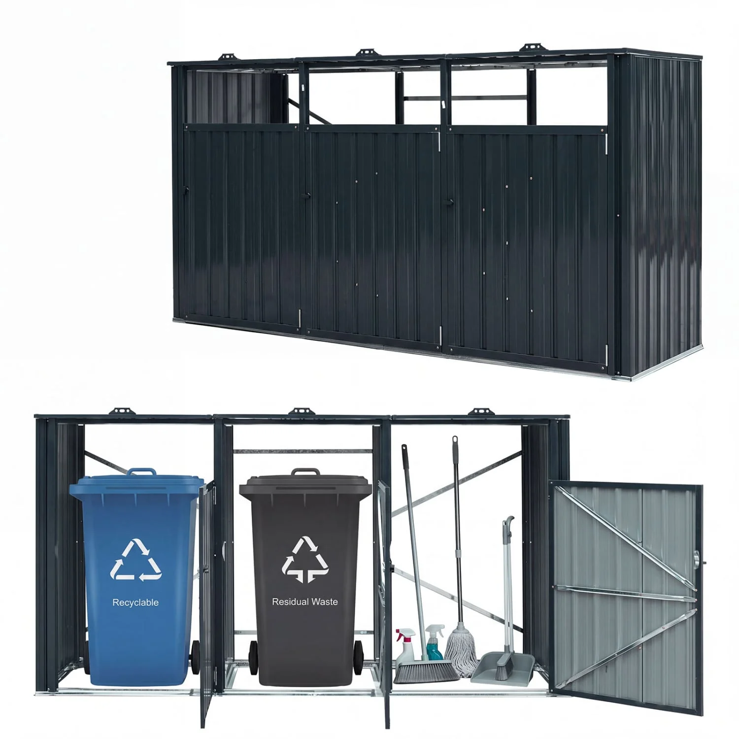 3-Bin Metal Trash Can Shed with Flip-Up Lids, Dark Gray - Image 4