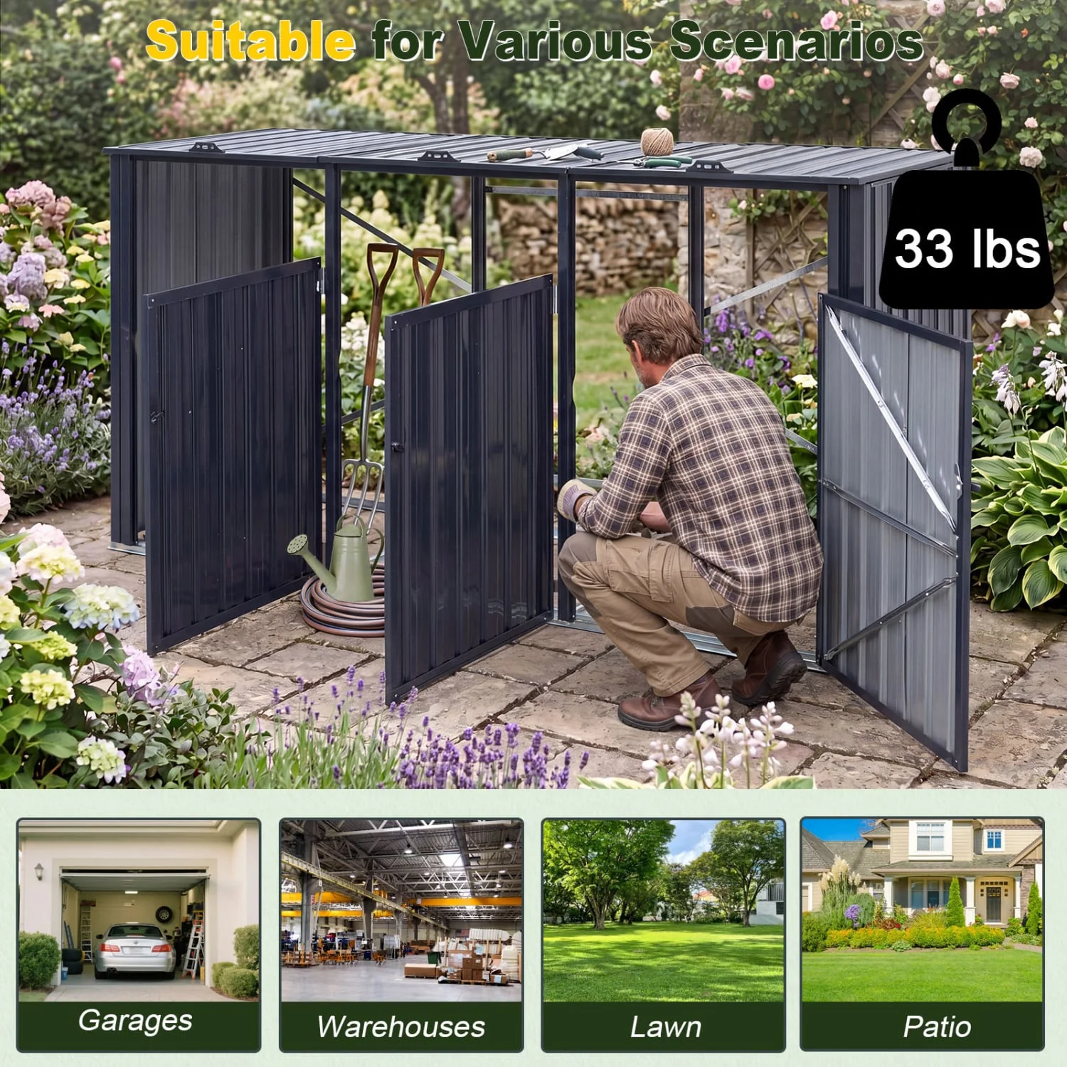 3-Bin Metal Trash Can Shed with Flip-Up Lids, Dark Gray - Image 9