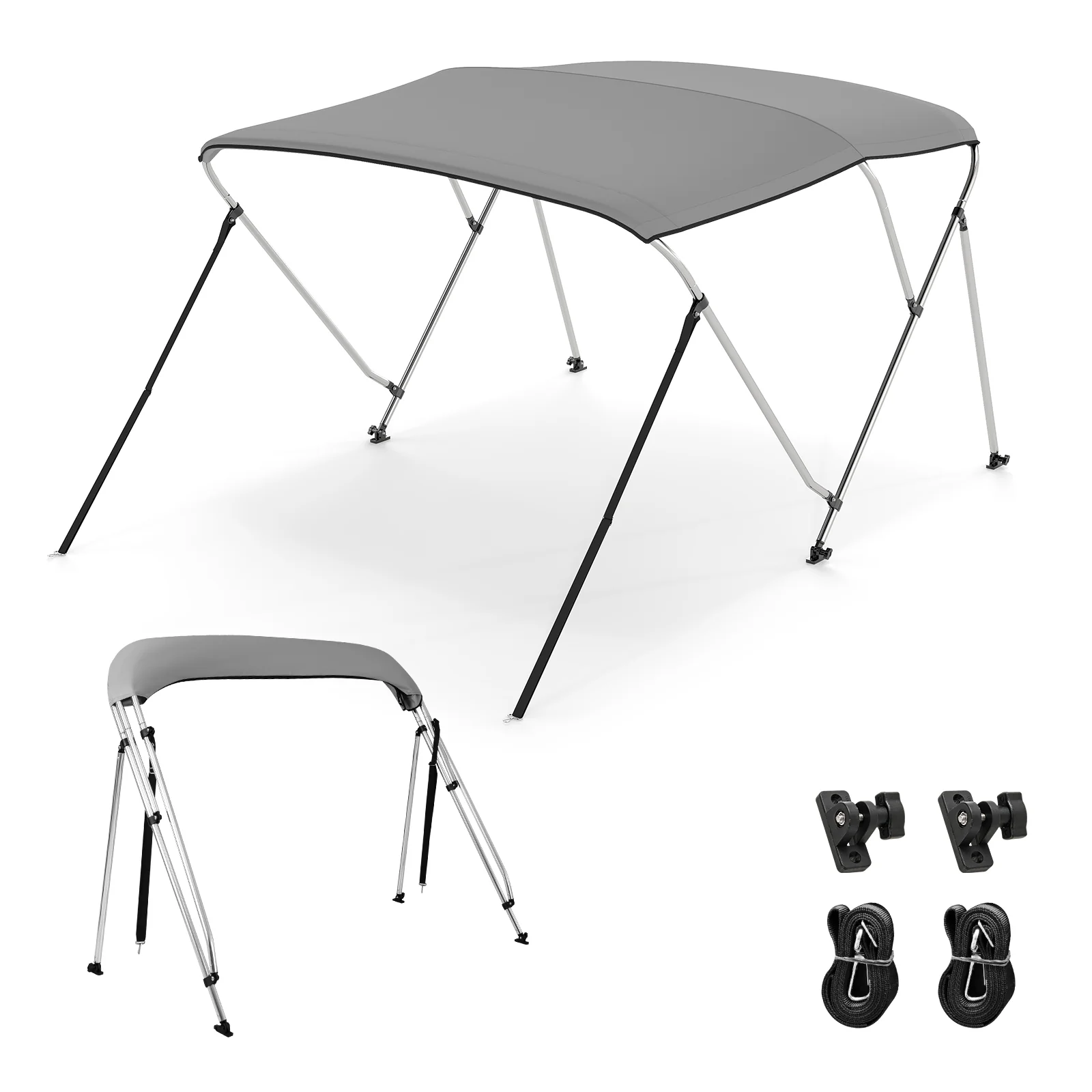 3-Bow Boat Bimini Top, With Storage Boot, Gray