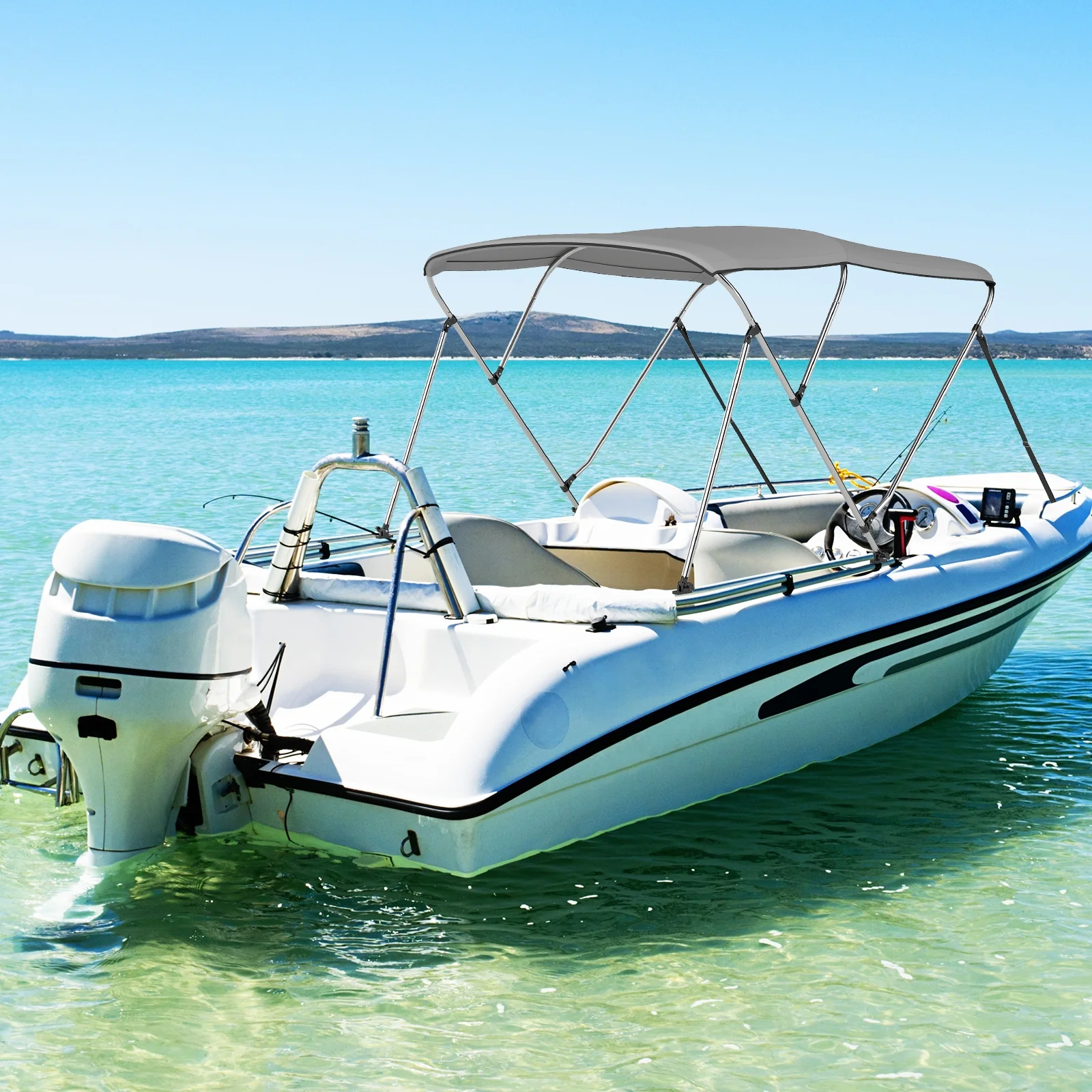 3-Bow Boat Bimini Top, With Storage Boot, Gray - Image 2
