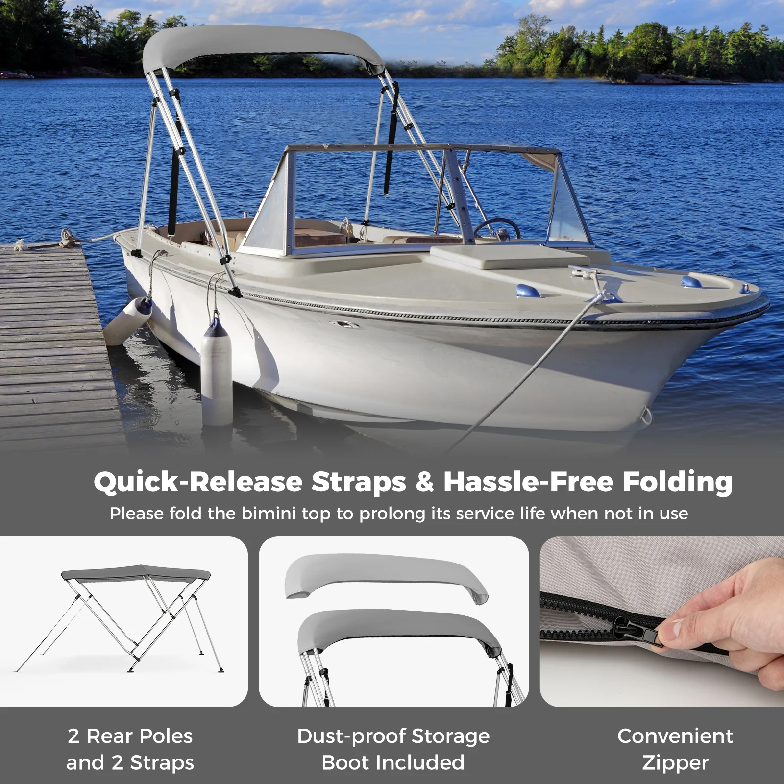 3-Bow Boat Bimini Top, With Storage Boot, Gray - Image 8