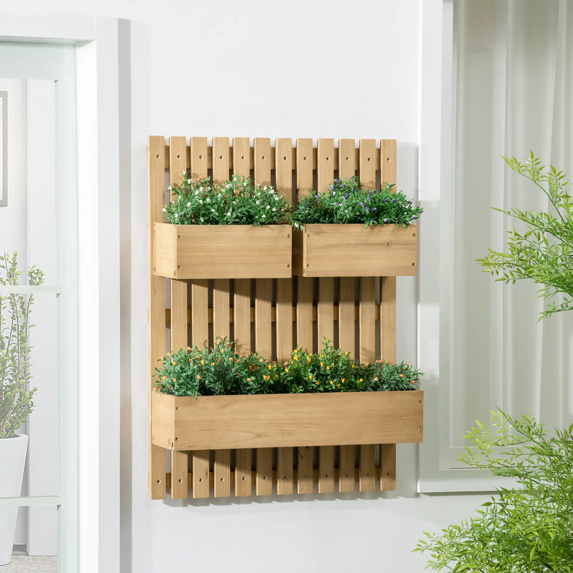 3 Box Raised Garden Bed with Trellis, Wall-Mounted Wood Planter - Image 2