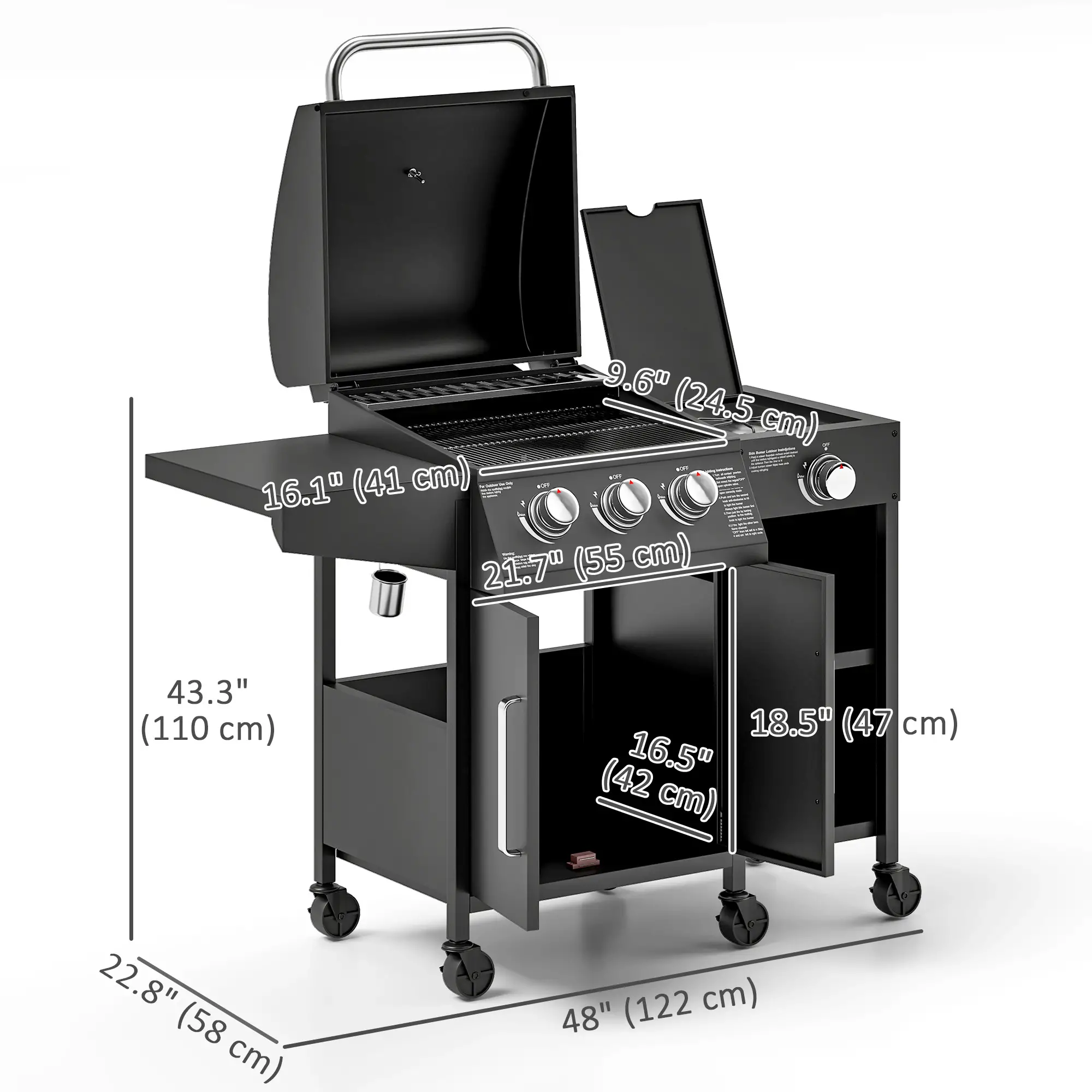 3 Burner Gas Grill With Side Burner, 9.5 KW Propane BBQ Grill, Cabinet Style - Image 3
