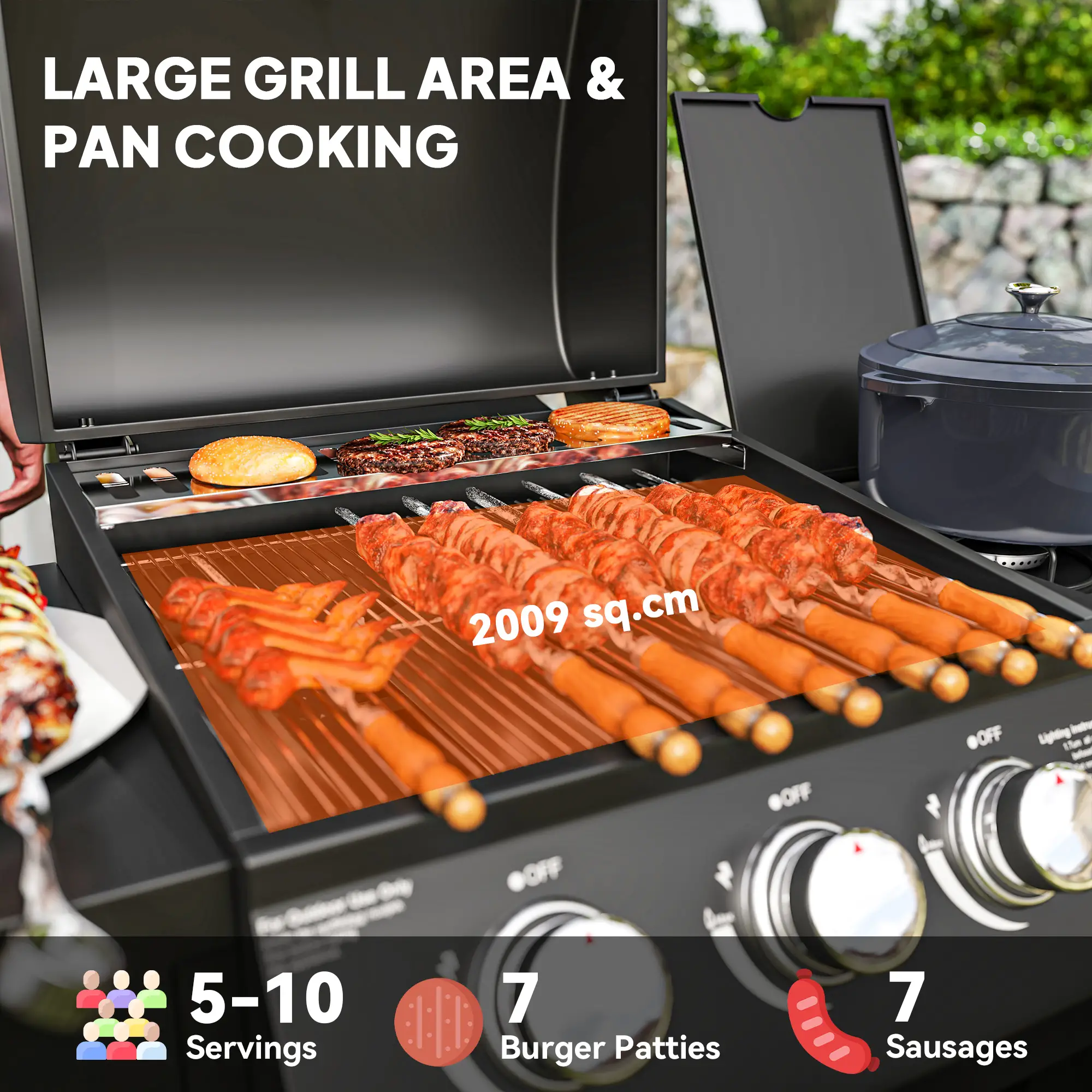 3 Burner Gas Grill With Side Burner, 9.5 KW Propane BBQ Grill, Cabinet Style - Image 4