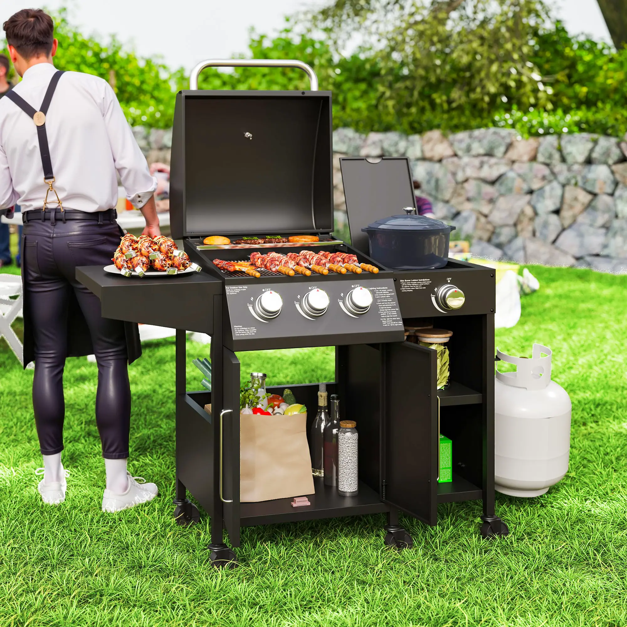 3 Burner Gas Grill With Side Burner, 9.5 KW Propane BBQ Grill, Cabinet Style - Image 8