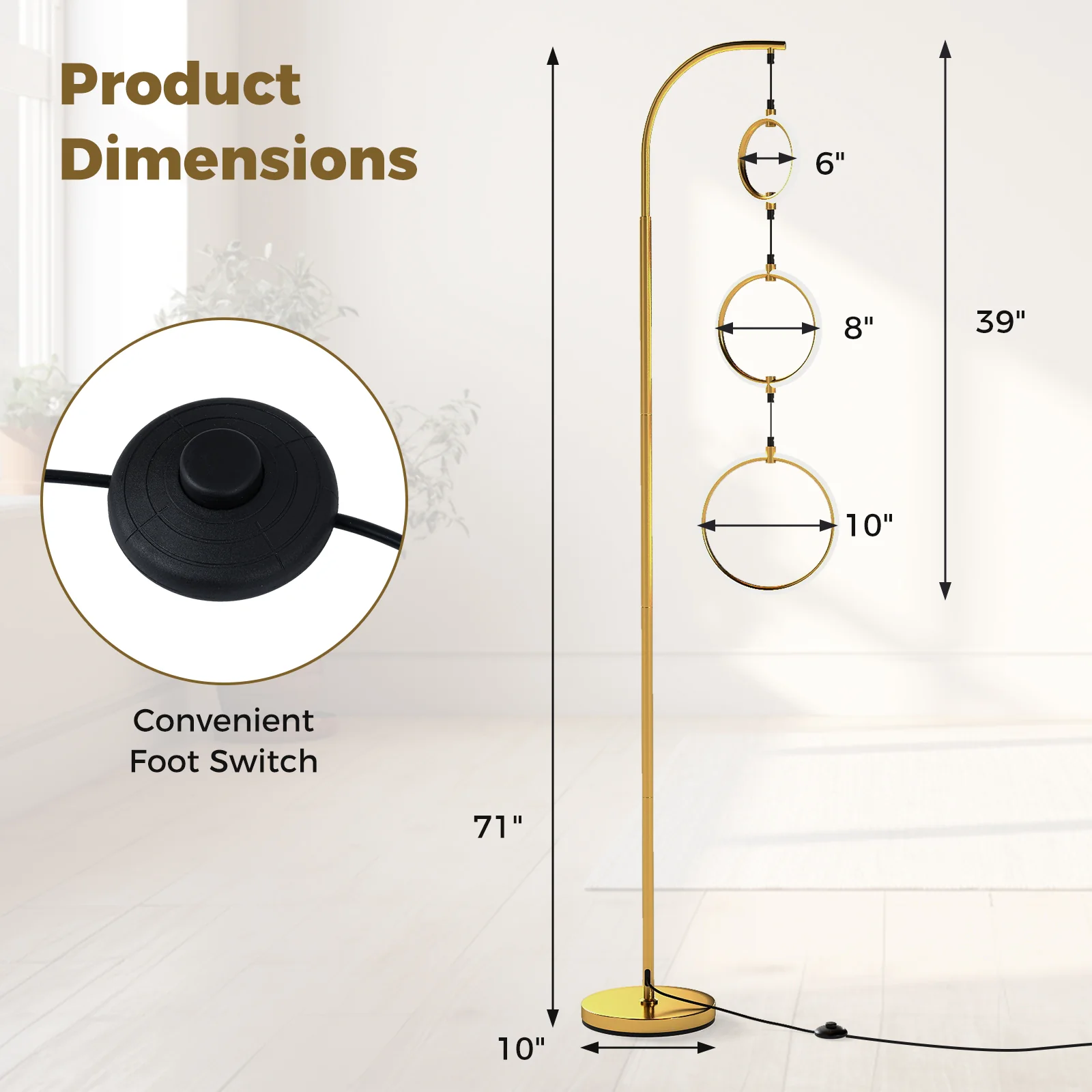 3-Circle Dimmable LED Floor Lamp, 3 Color Temperatures, Golden - Image 4