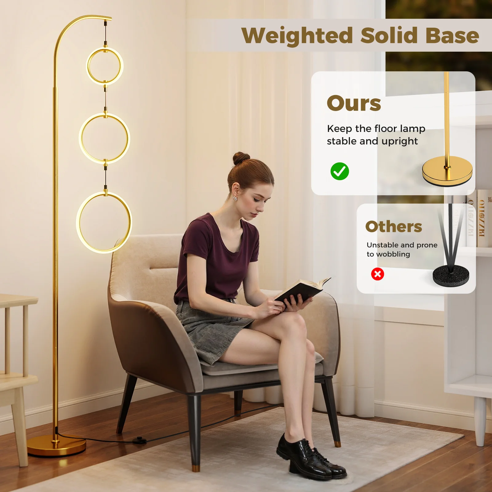 3-Circle Dimmable LED Floor Lamp, 3 Color Temperatures, Golden - Image 7
