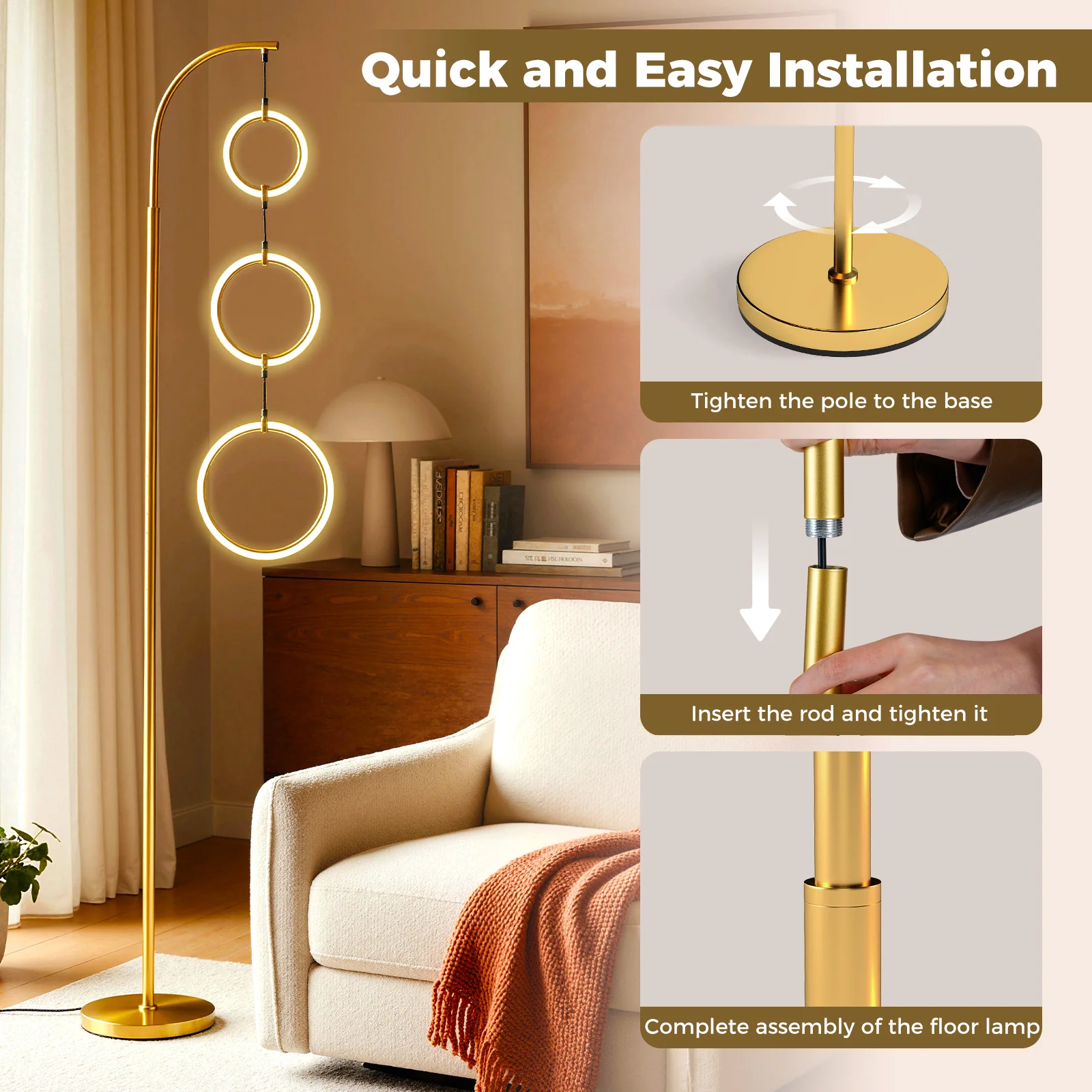 3-Circle Dimmable LED Floor Lamp, 3 Color Temperatures, Golden - Image 8