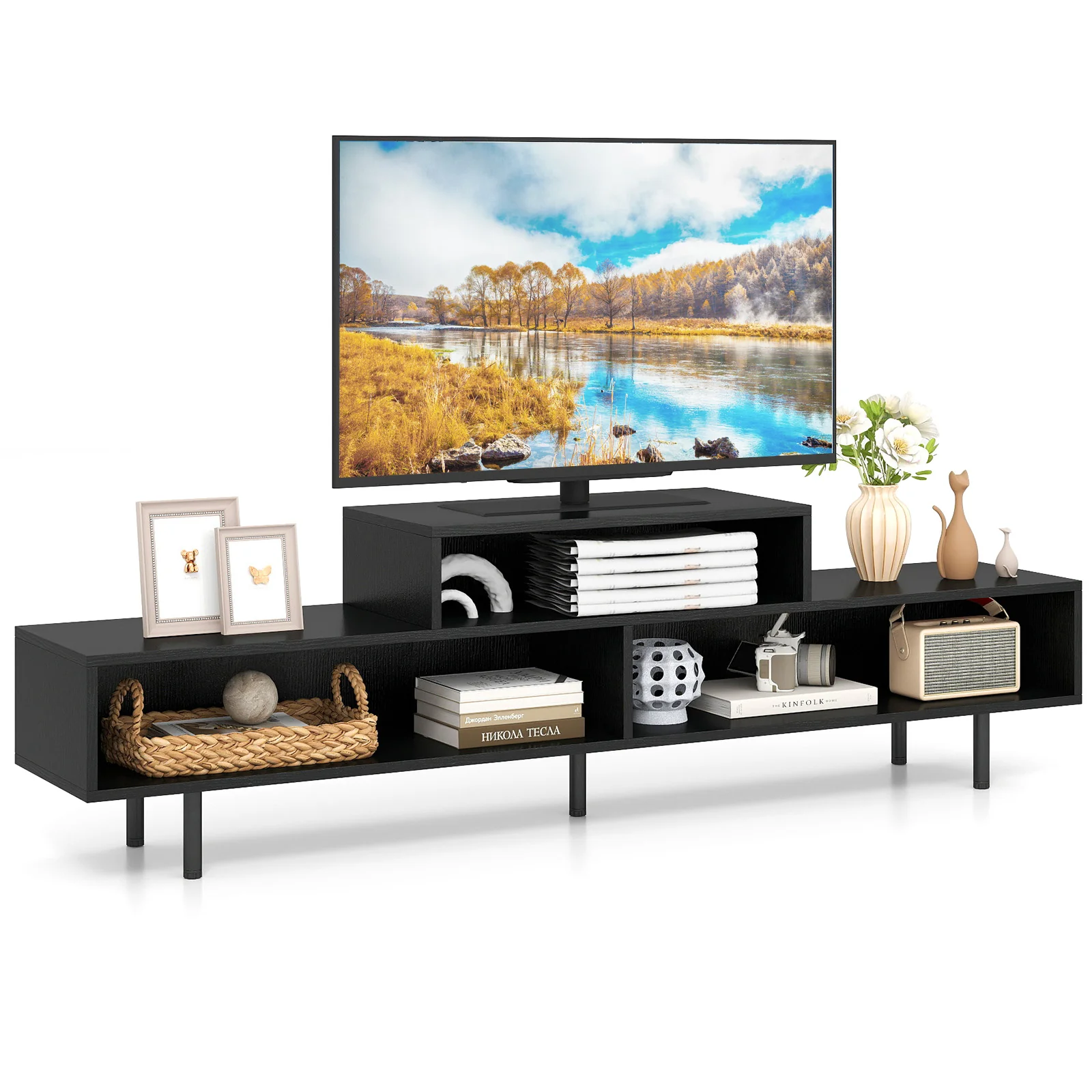3 Cubby TV Stand for TVs up to 70 Inch Entertainment Center with Open Storage Compartments, Black - Image 4