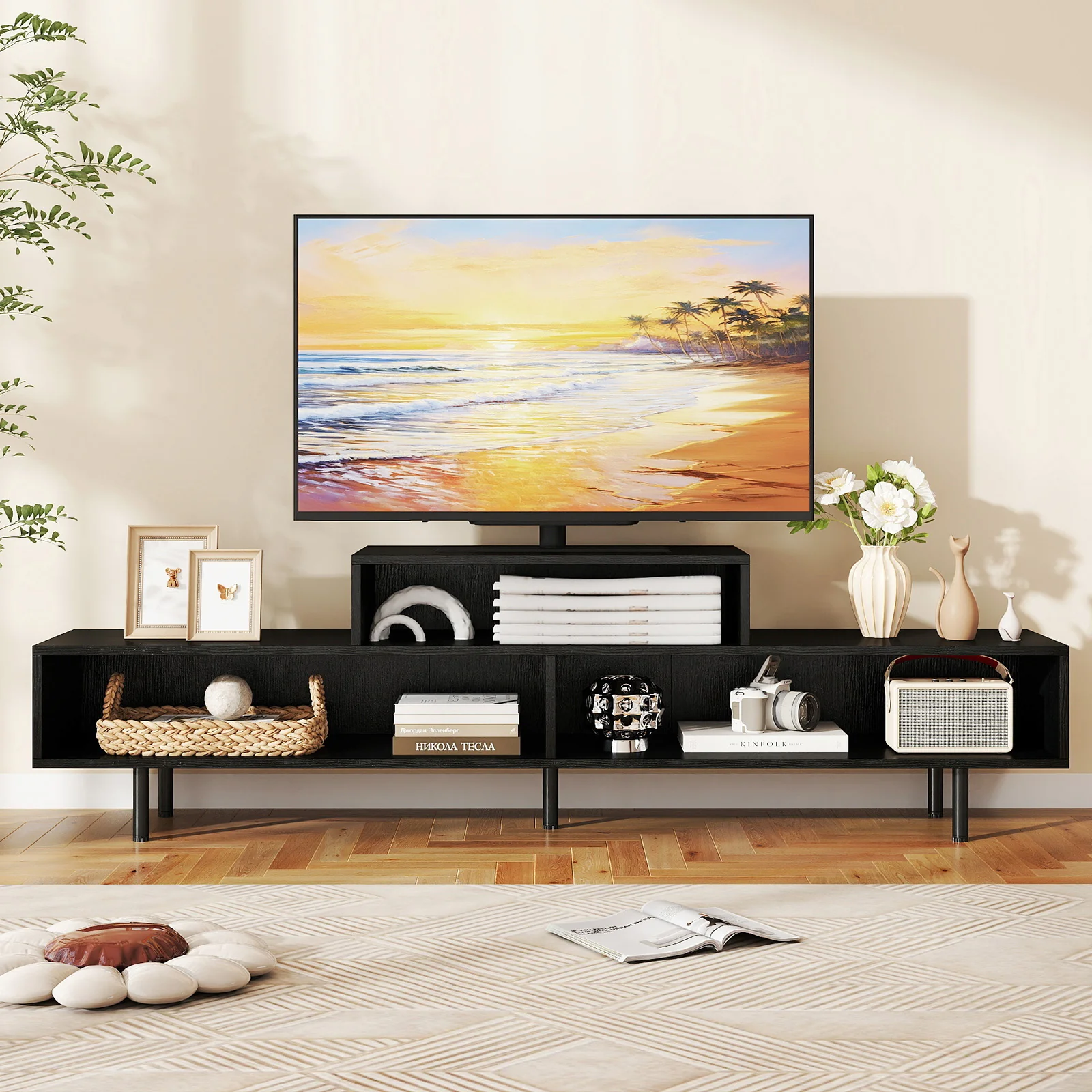 3 Cubby TV Stand for TVs up to 70 Inch Entertainment Center with Open Storage Compartments, Black - Image 7