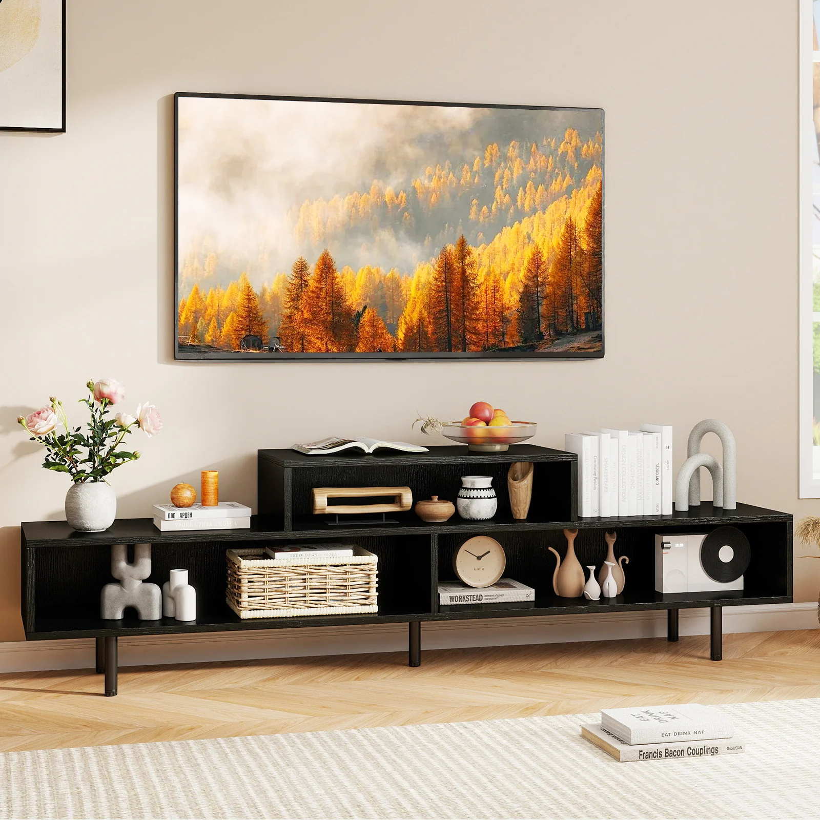 3 Cubby TV Stand for TVs up to 70 Inch Entertainment Center with Open Storage Compartments, Black - Image 8