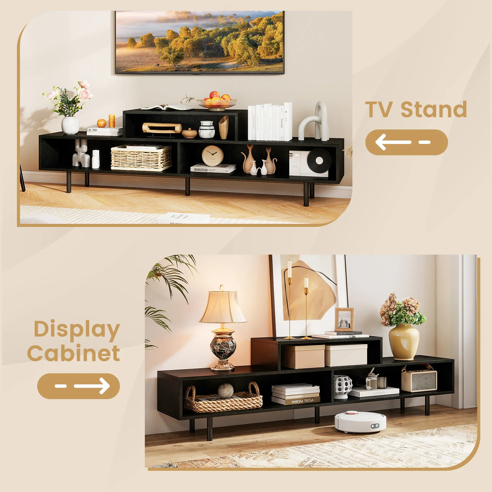 3 Cubby TV Stand for TVs up to 70 Inch Entertainment Center with Open Storage Compartments, Black - Image 9