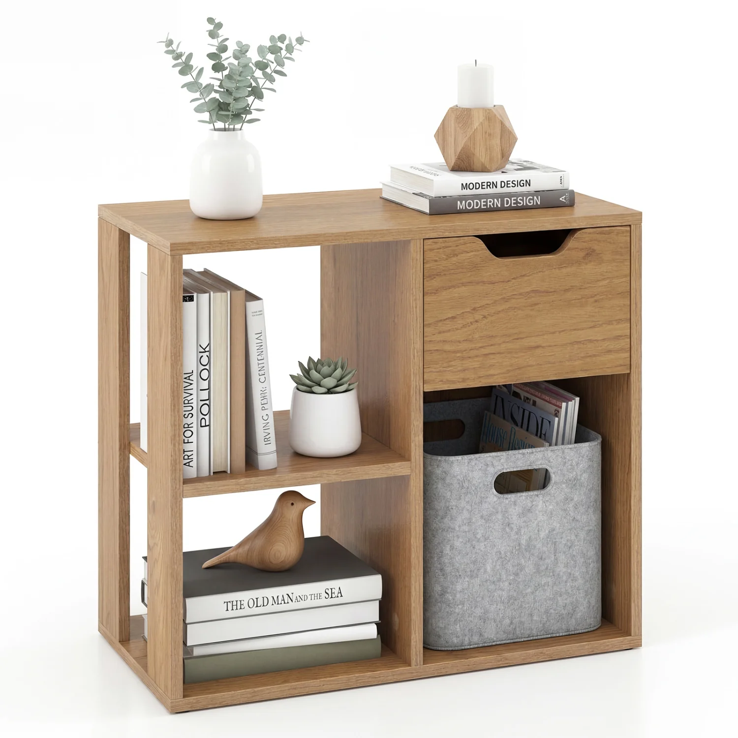 3-Cube Bookcase 2-Tier Wooden Shelf with Drawer, Natural