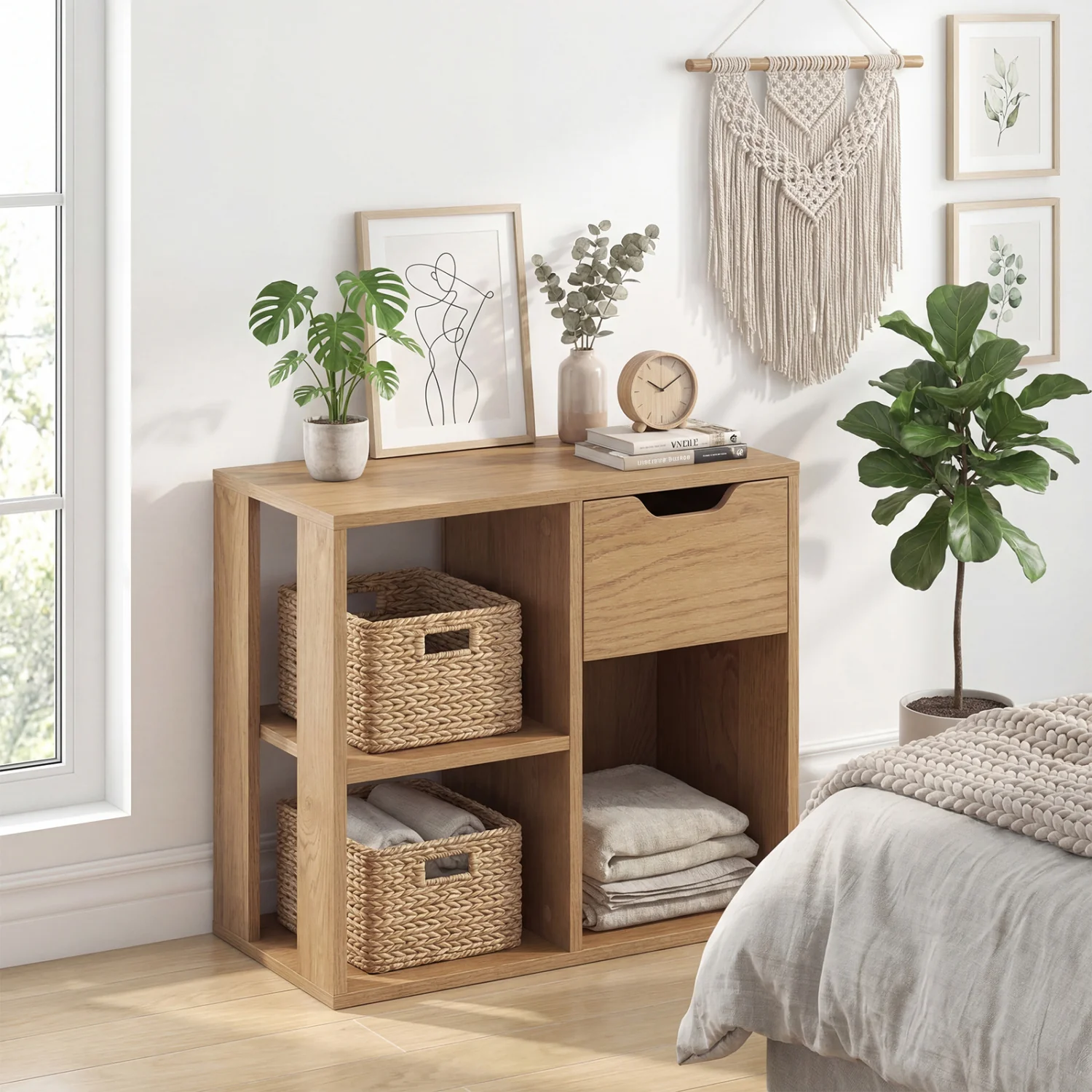 3-Cube Bookcase 2-Tier Wooden Shelf with Drawer, Natural - Image 2