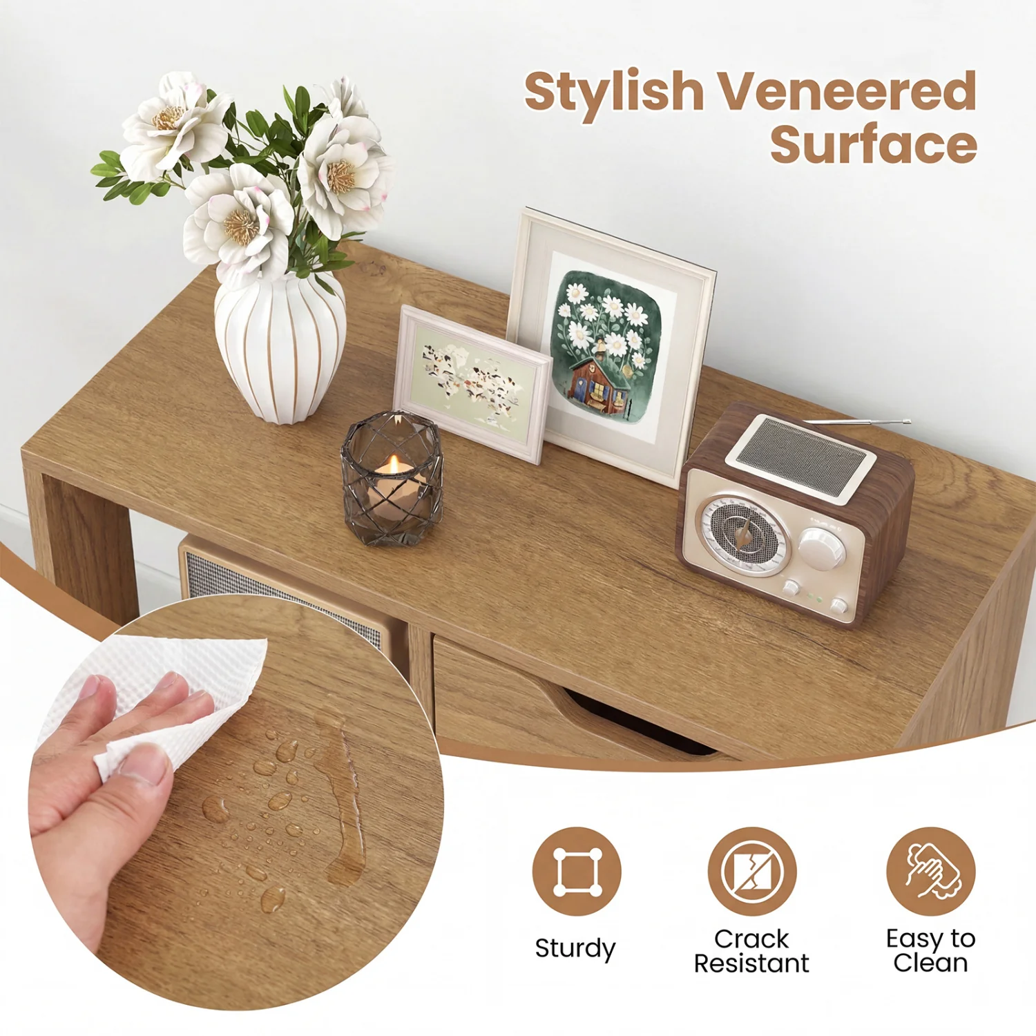 3-Cube Bookcase 2-Tier Wooden Shelf with Drawer, Natural - Image 8