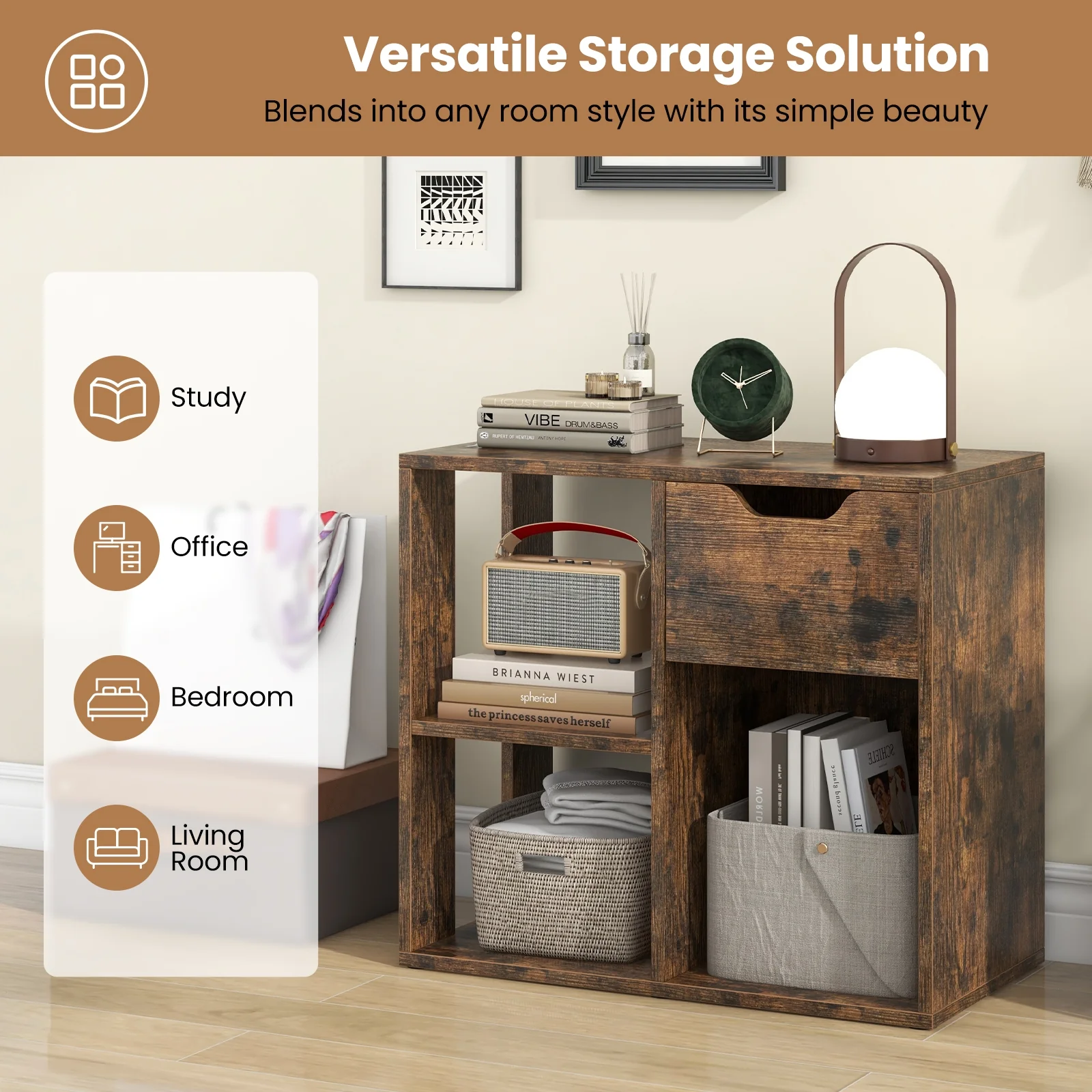 3-Cube Bookcase, 2-Tier Wooden Storage Shelf, Brown - Image 10