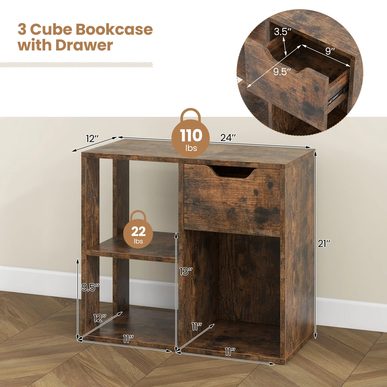 3-Cube Bookcase, 2-Tier Wooden Storage Shelf, Brown - Image 6