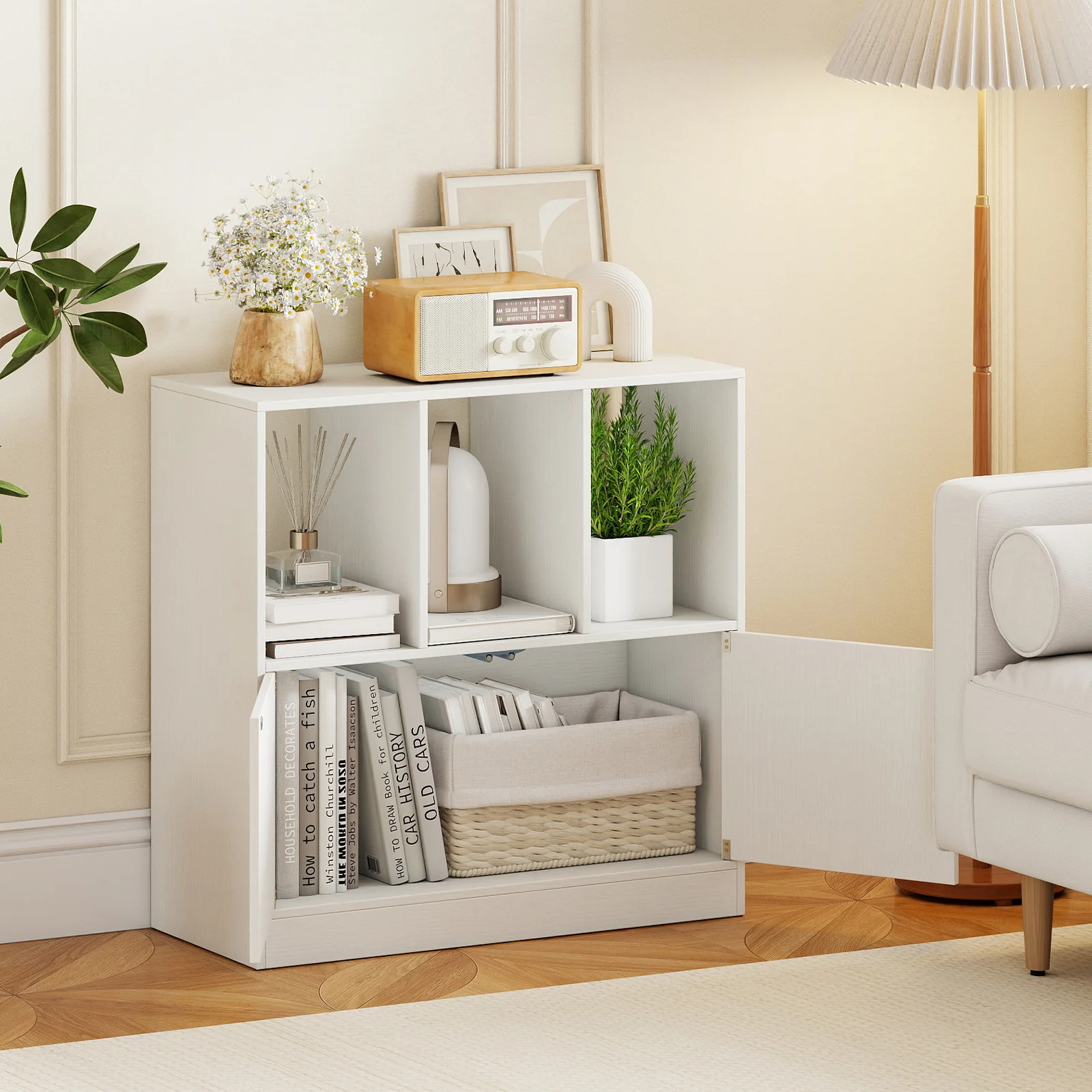 3-Cube Bookcase with Doors 3-Tier Cubic Bookshelf with Open Compartments and Cabinet, White - Image 2