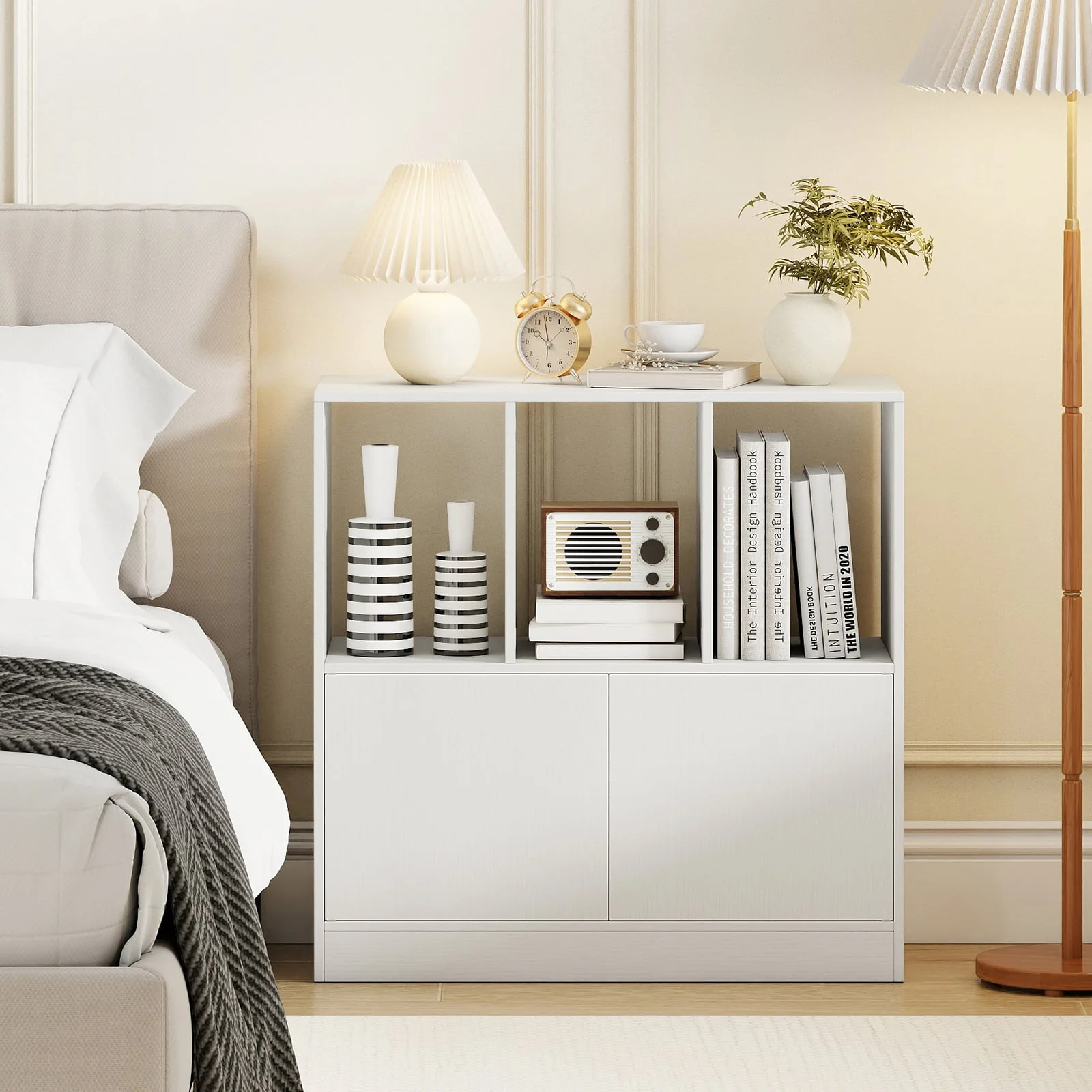 3-Cube Bookcase with Doors 3-Tier Cubic Bookshelf with Open Compartments and Cabinet, White - Image 3