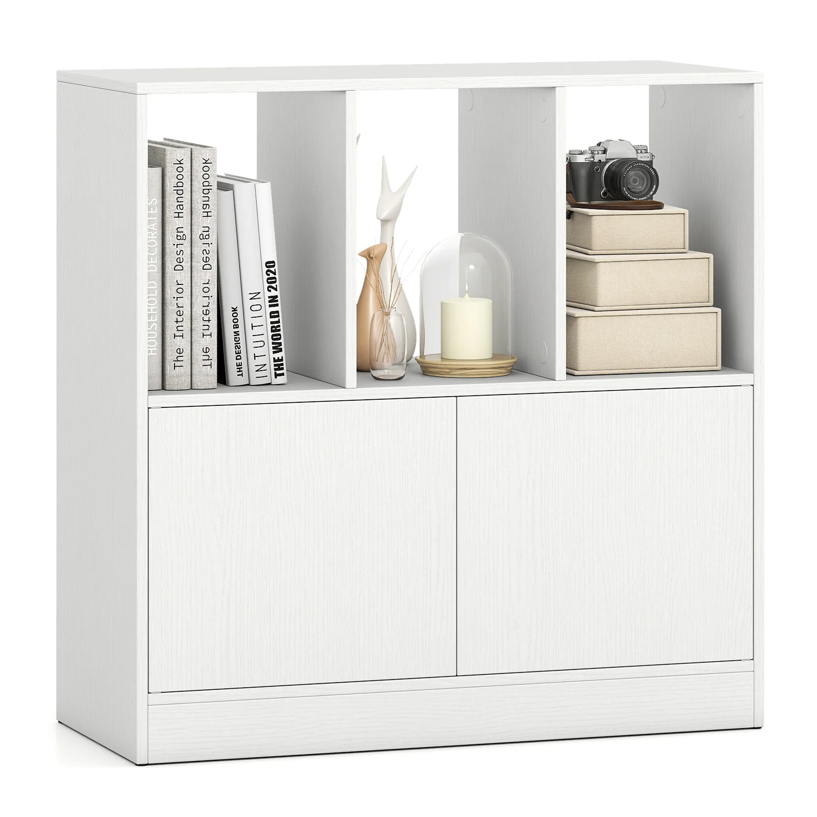 3-Cube Bookcase with Doors 3-Tier Cubic Bookshelf with Open Compartments and Cabinet, White - Image 4