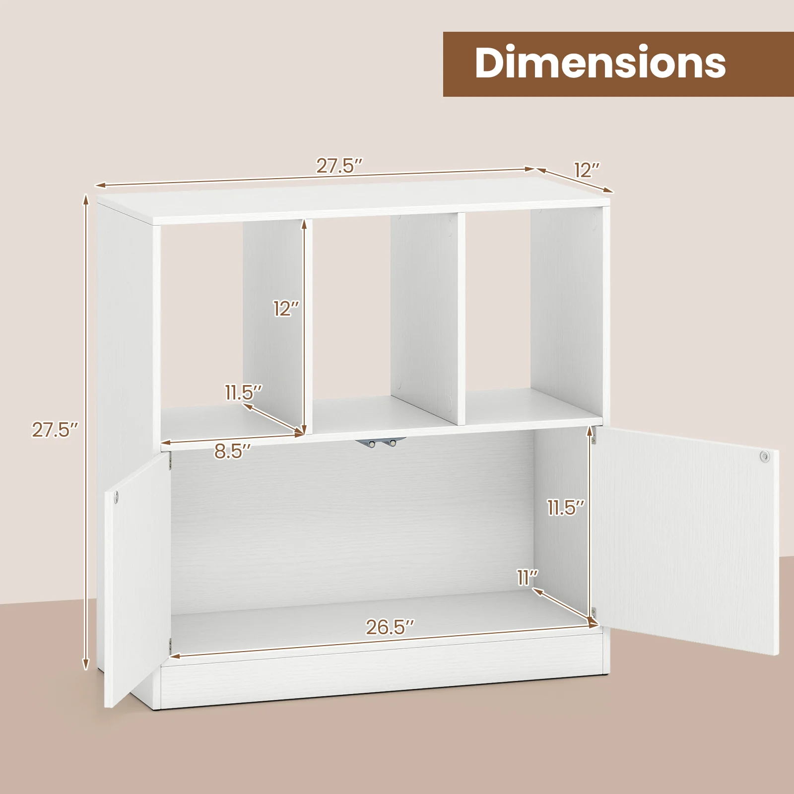 3-Cube Bookcase with Doors 3-Tier Cubic Bookshelf with Open Compartments and Cabinet, White - Image 6