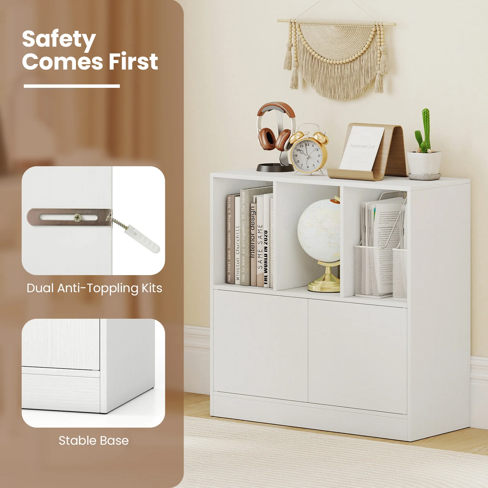 3-Cube Bookcase with Doors 3-Tier Cubic Bookshelf with Open Compartments and Cabinet, White - Image 7