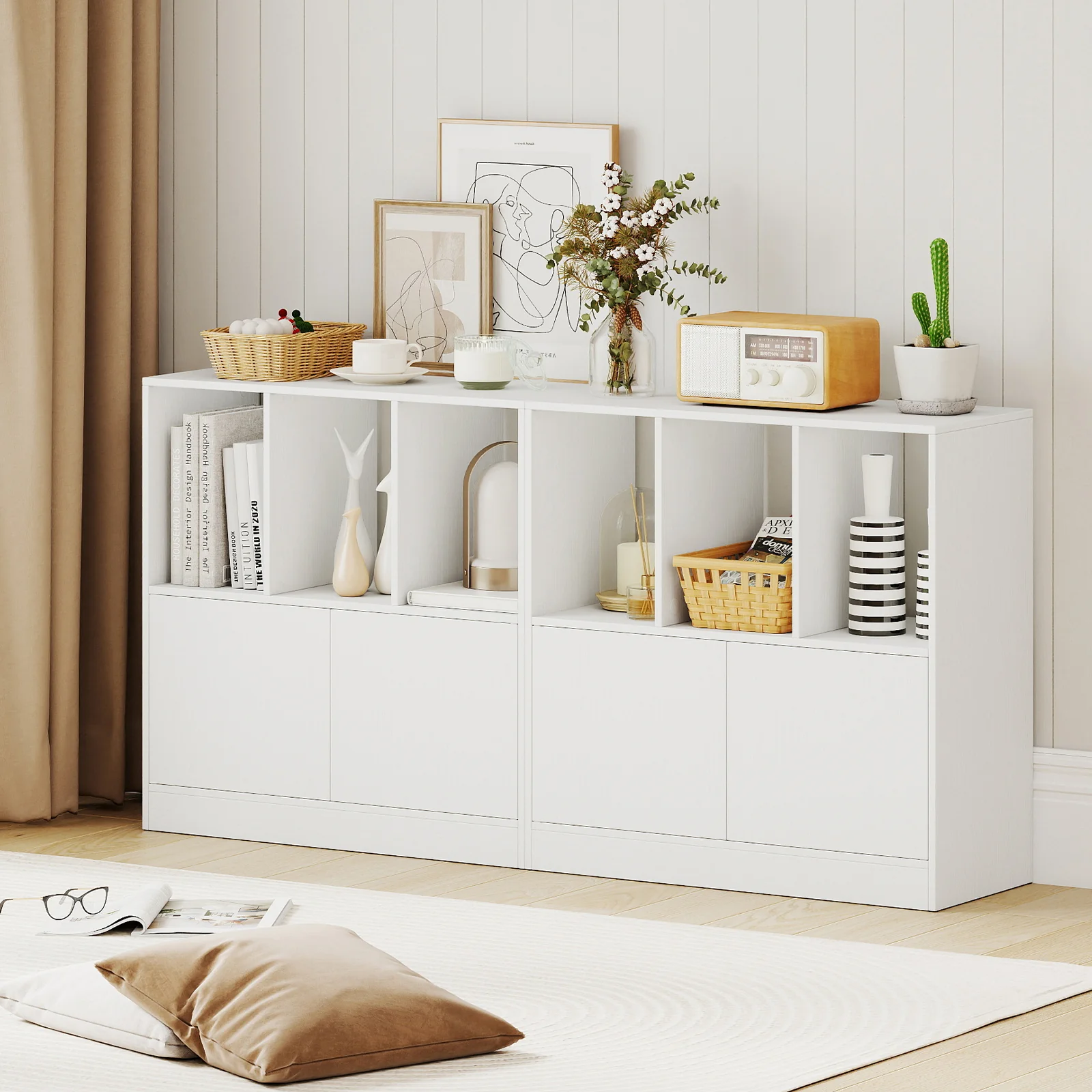 3-Cube Bookcase with Doors 3-Tier Cubic Bookshelf with Open Compartments and Cabinet, White - Image 8