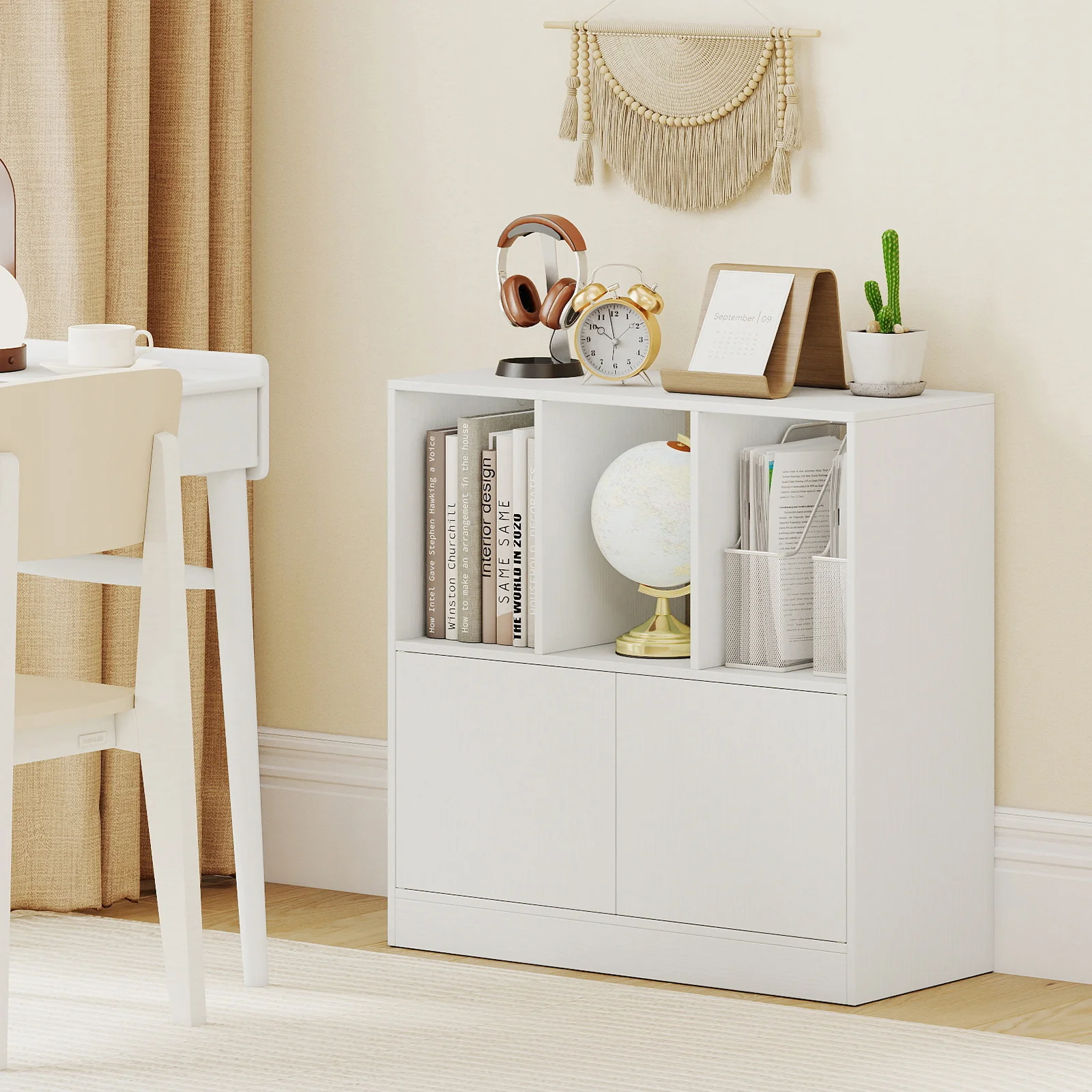3-Cube Bookcase with Doors 3-Tier Cubic Bookshelf with Open Compartments and Cabinet, White - Image 9