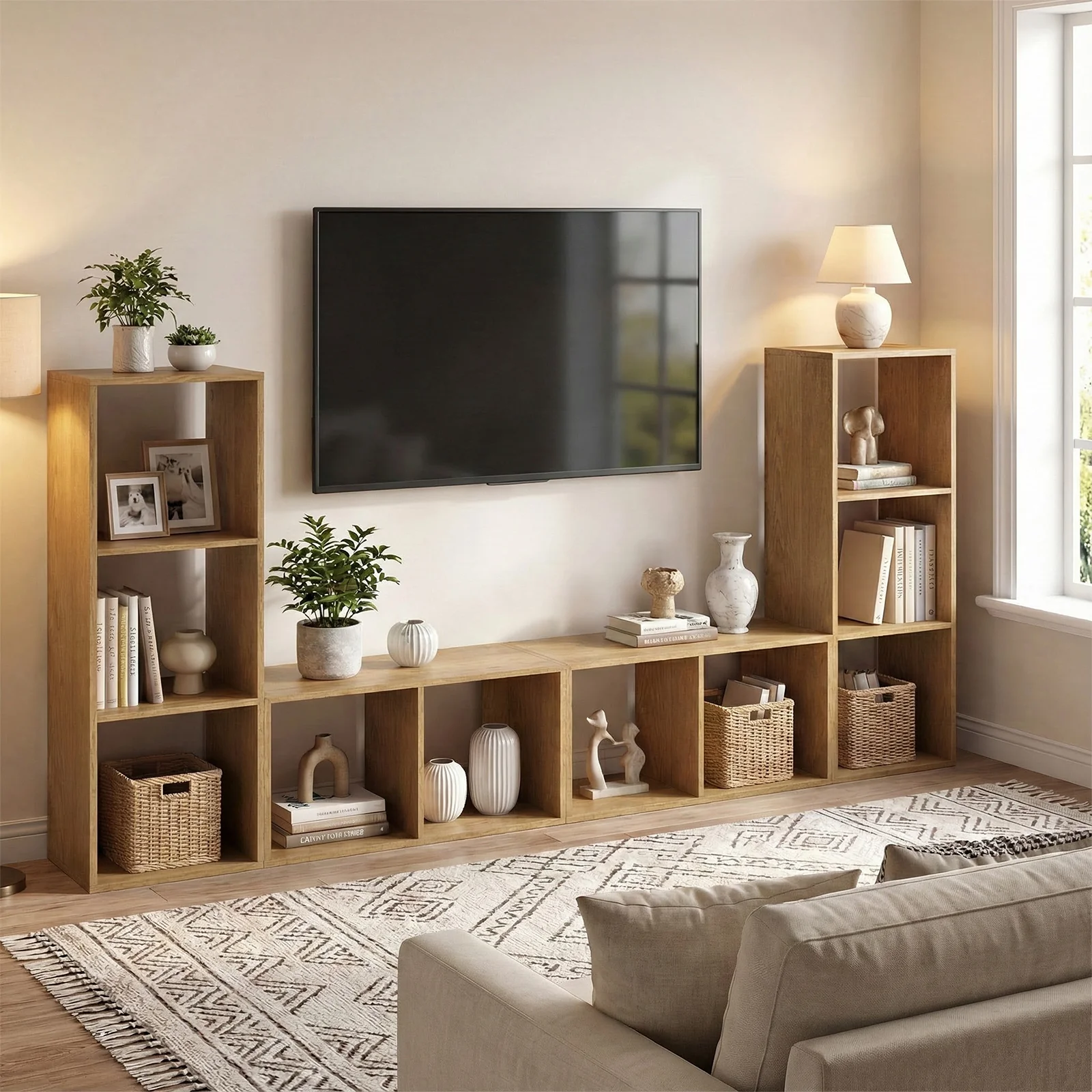 3 Cube Bookshelf, With Back Guardrail, Natural - Image 2