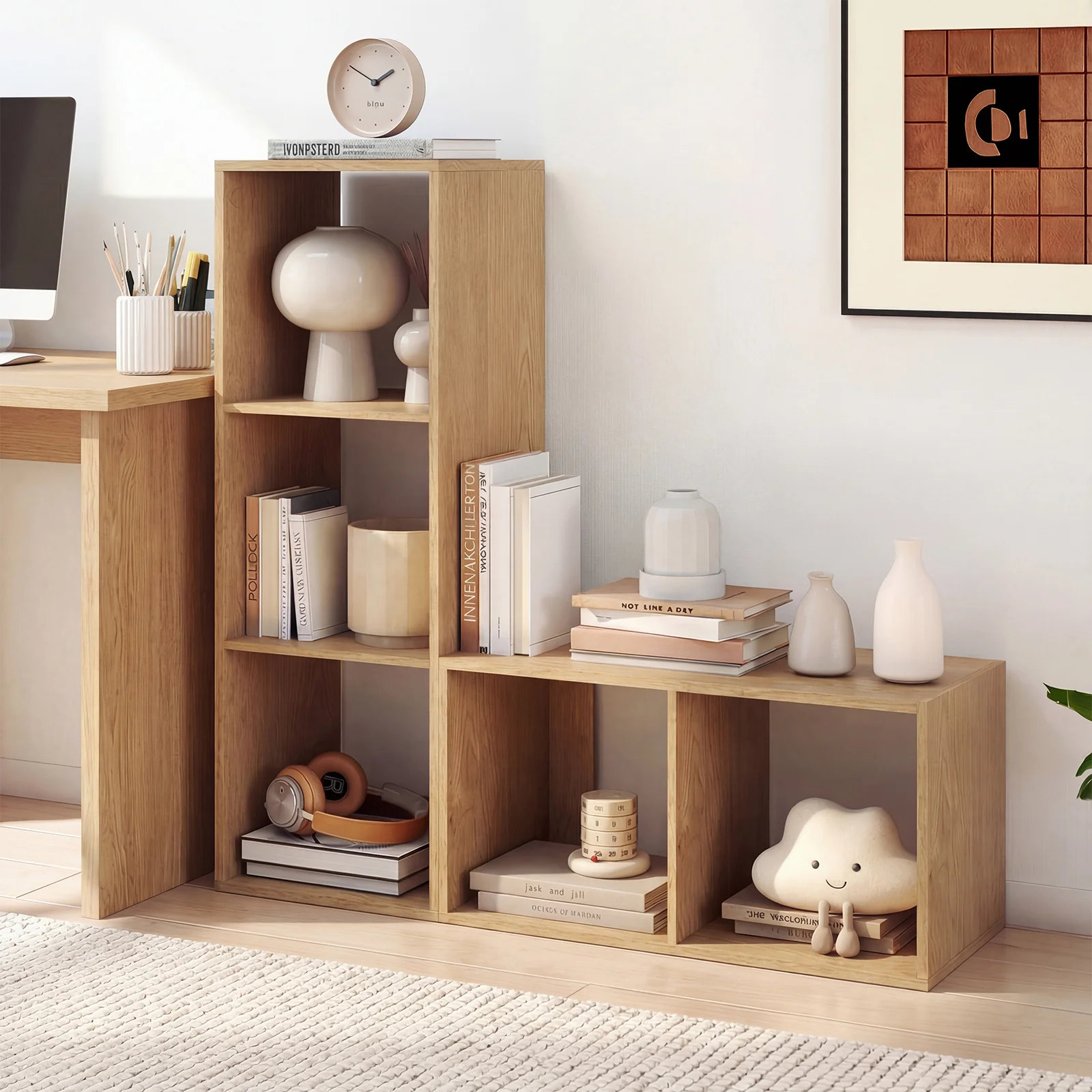 3 Cube Bookshelf, With Back Guardrail, Natural - Image 3