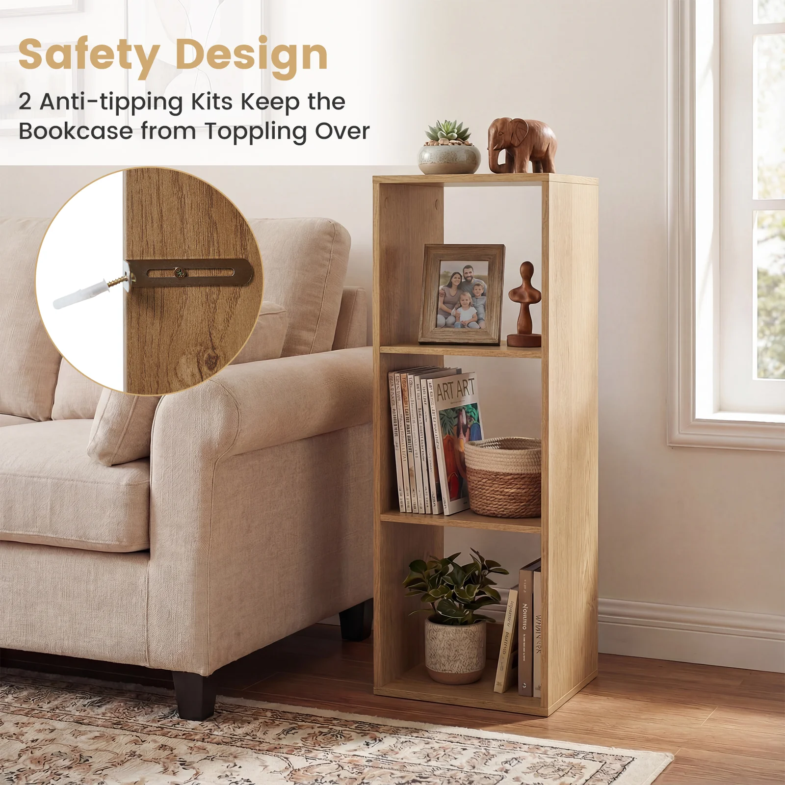 3 Cube Bookshelf, With Back Guardrail, Natural - Image 9