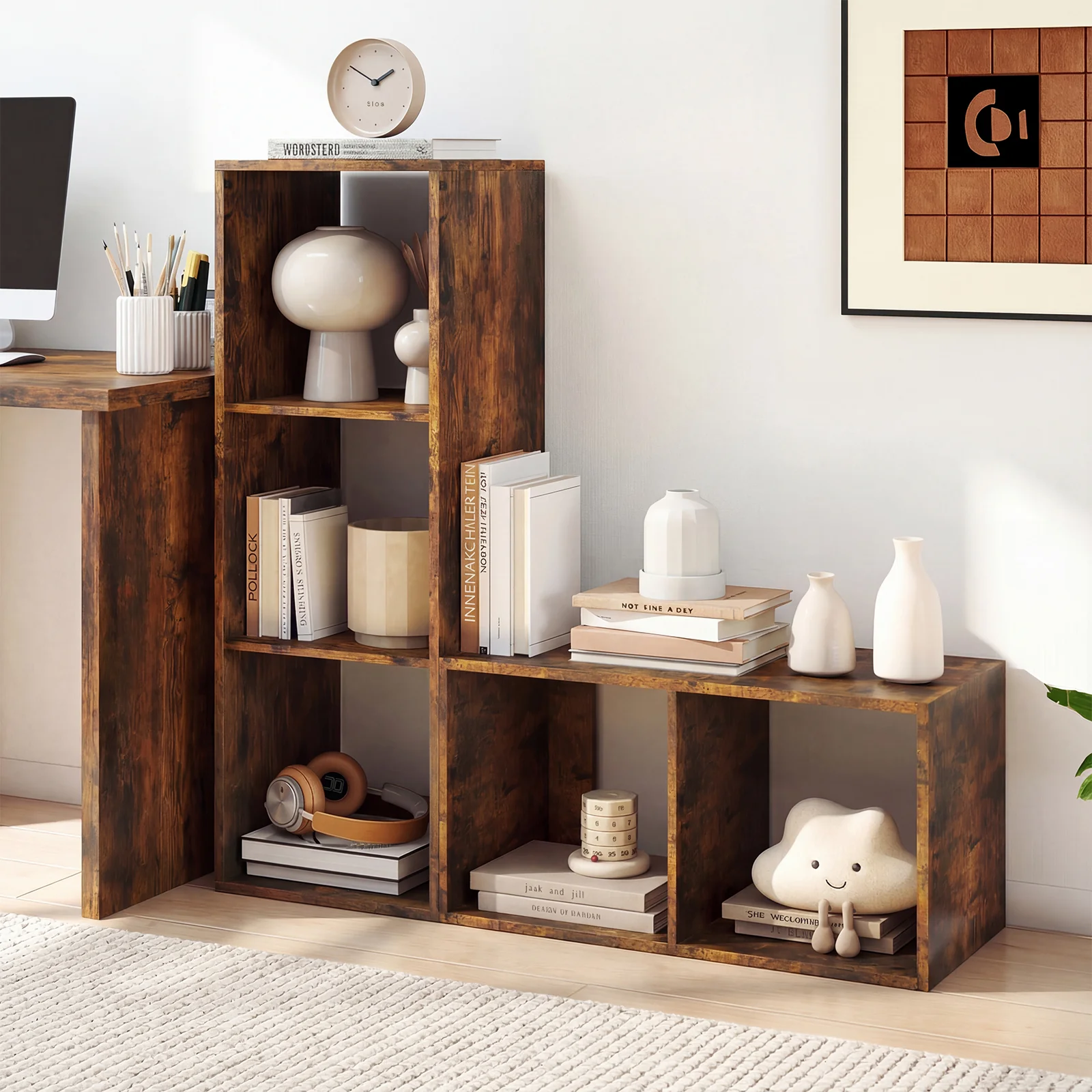 3 Cube Bookshelf With Back Guardrail, Brown - Image 3