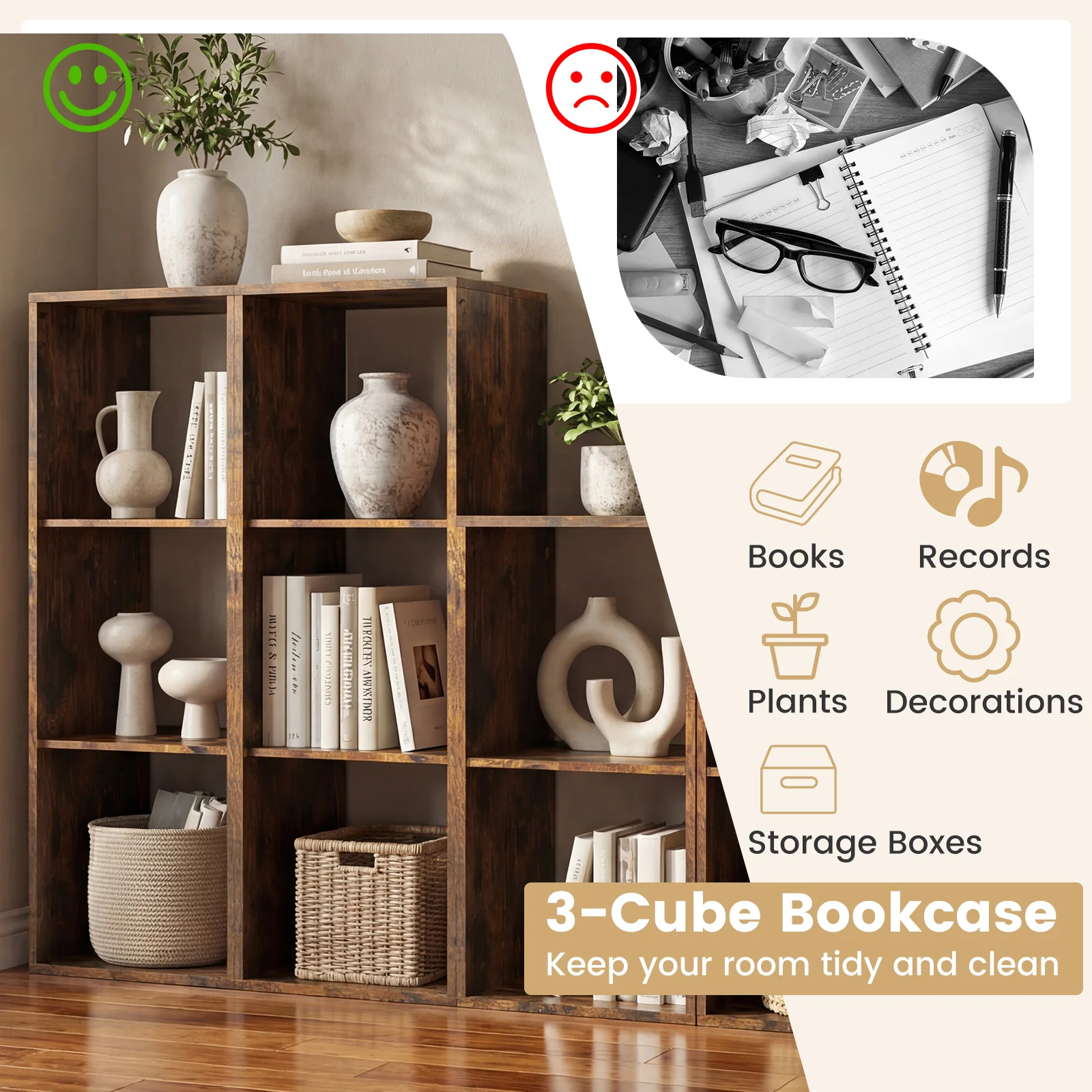 3 Cube Bookshelf With Back Guardrail, Brown - Image 9