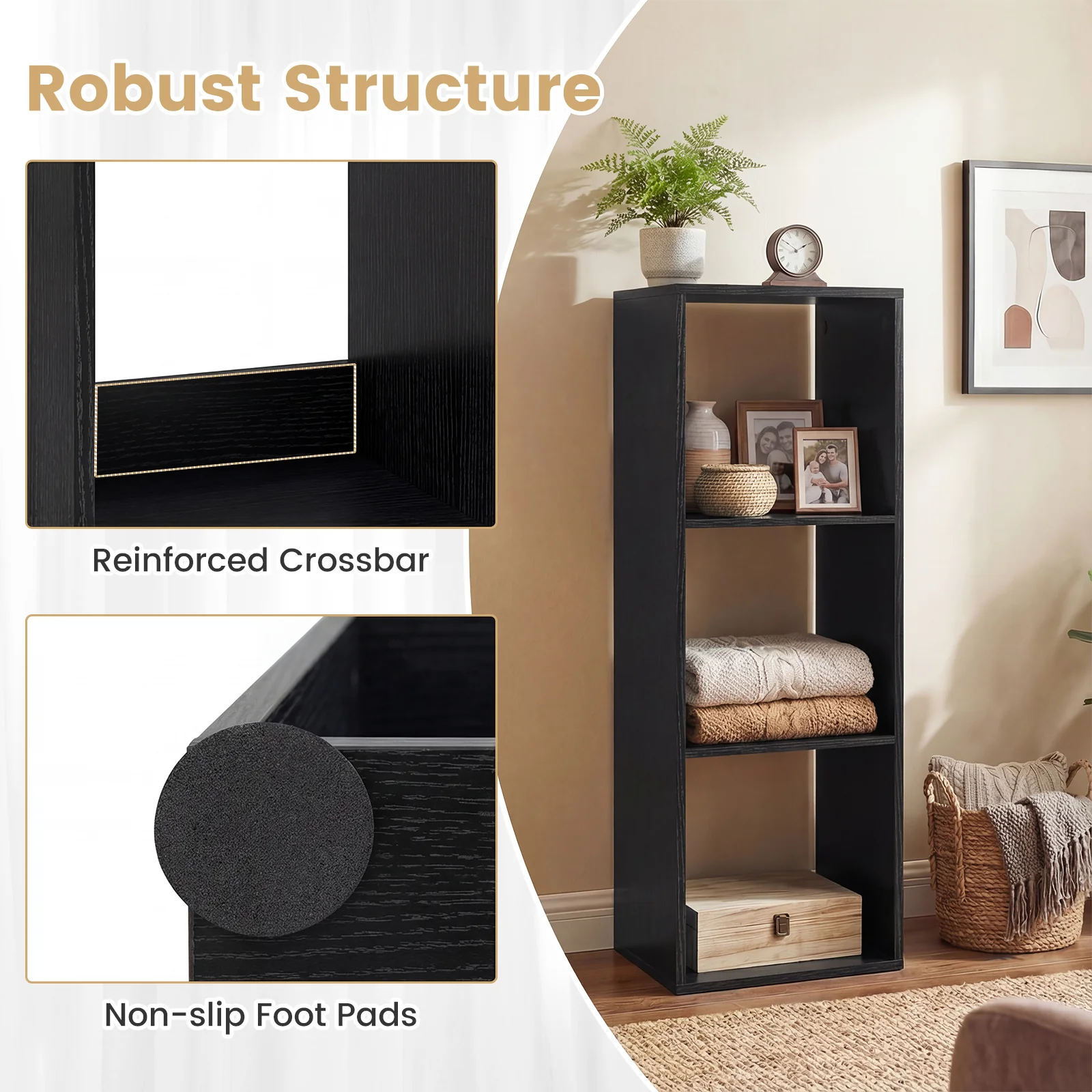 3 Cube Bookshelf with Back Guardrail for Living Room Bedroom, Black - Image 10