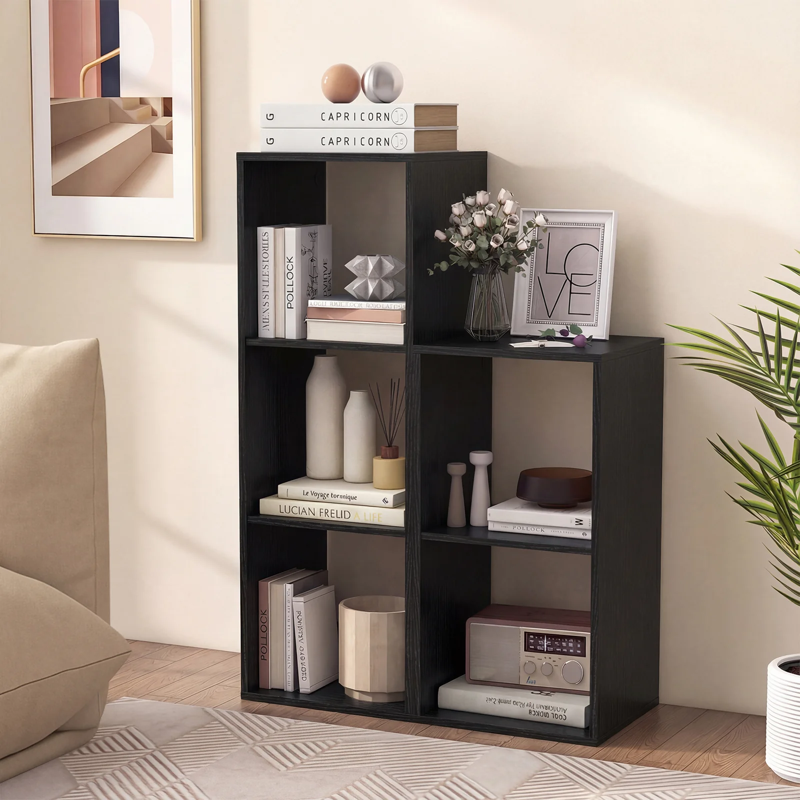 3 Cube Bookshelf with Back Guardrail for Living Room Bedroom, Black - Image 2
