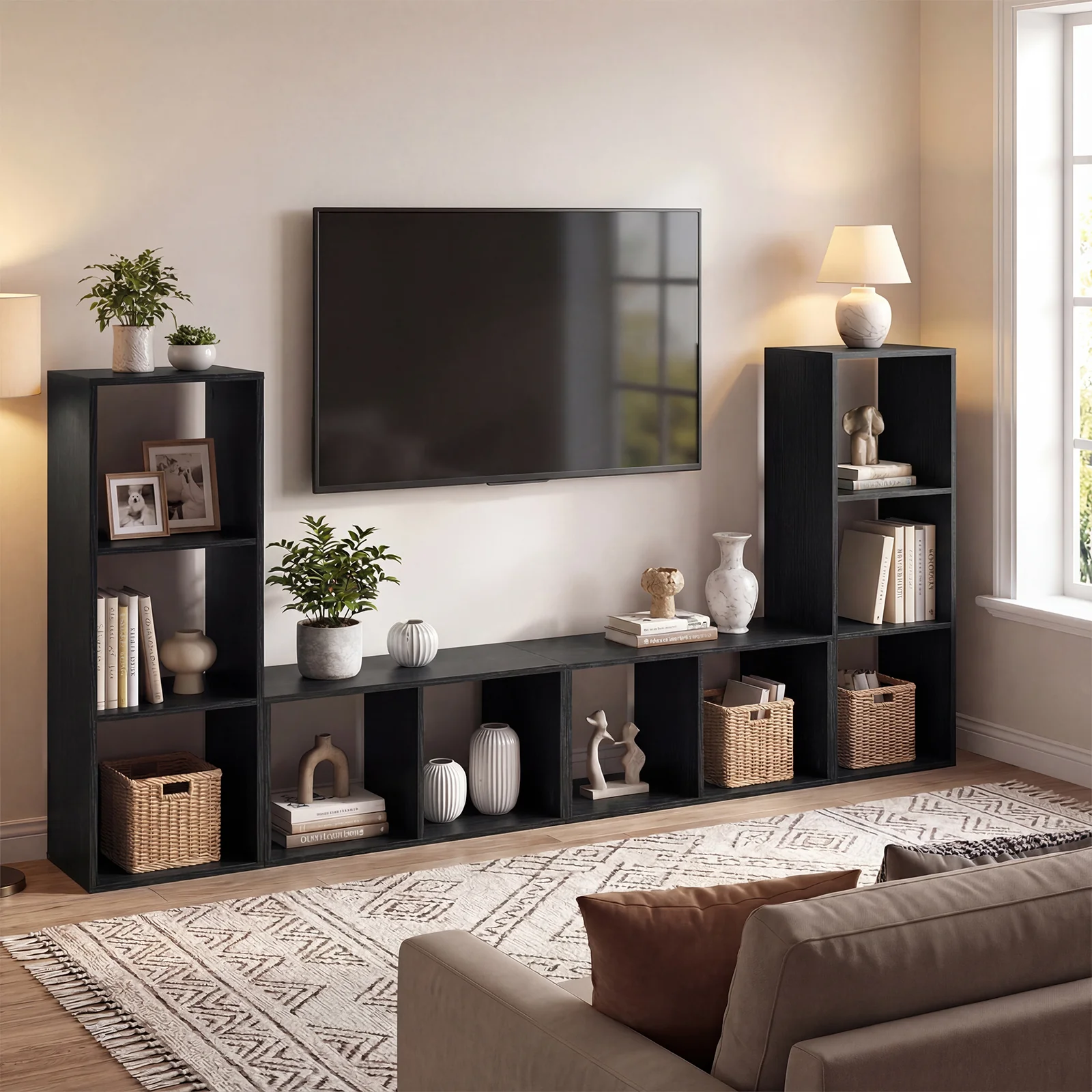 3 Cube Bookshelf with Back Guardrail for Living Room Bedroom, Black - Image 3