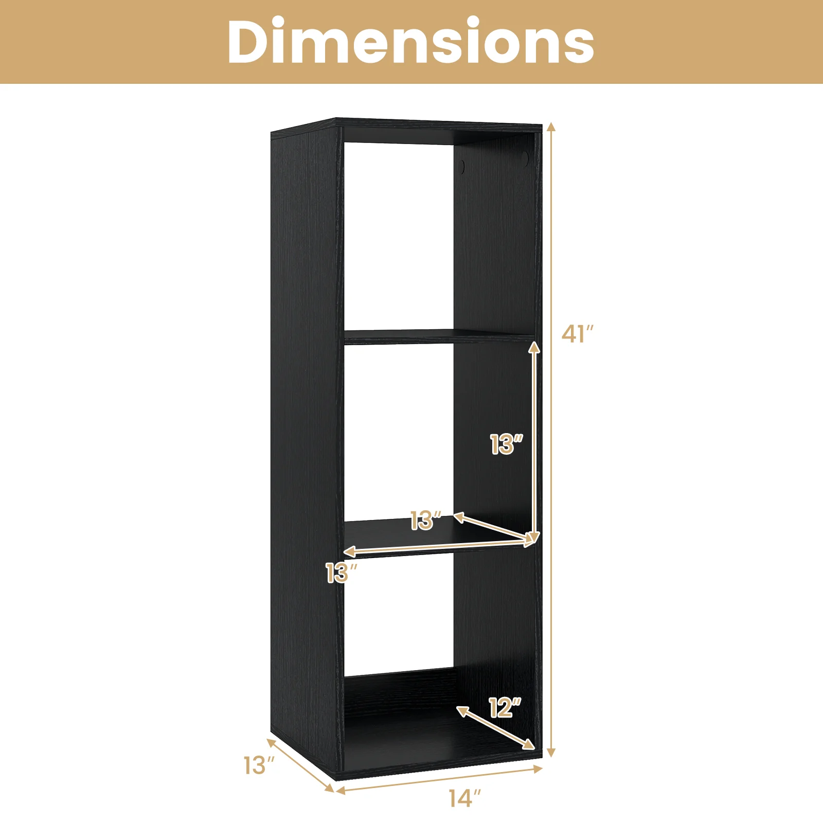 3 Cube Bookshelf with Back Guardrail for Living Room Bedroom, Black - Image 6