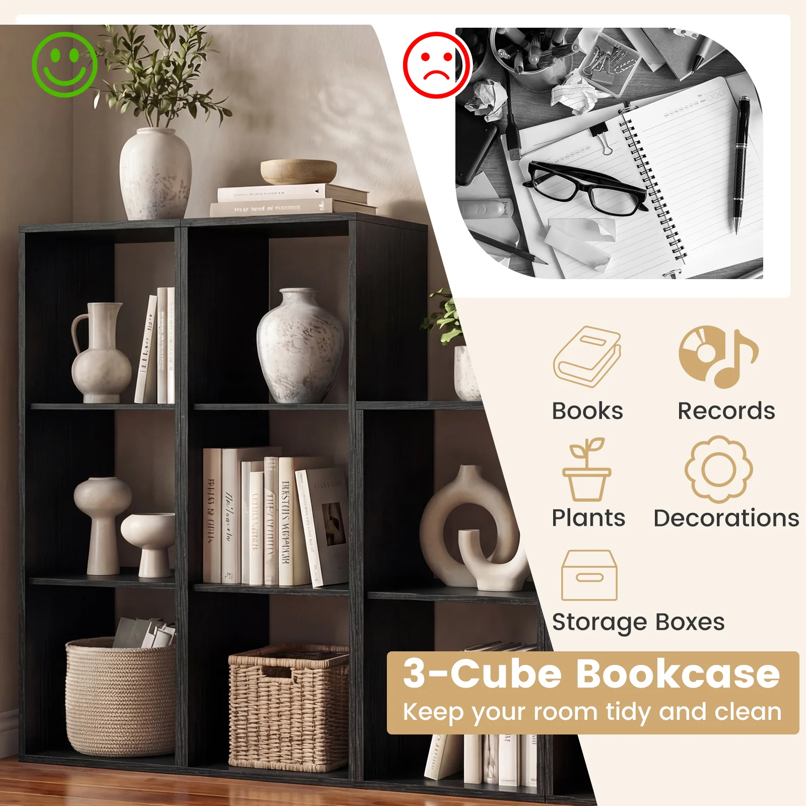 3 Cube Bookshelf with Back Guardrail for Living Room Bedroom, Black - Image 7