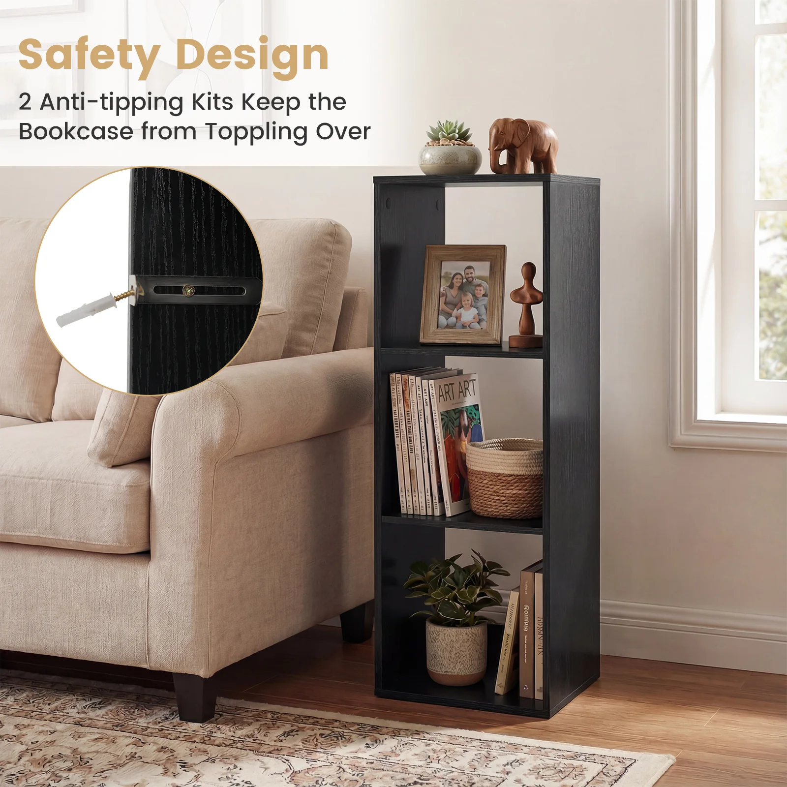 3 Cube Bookshelf with Back Guardrail for Living Room Bedroom, Black - Image 8