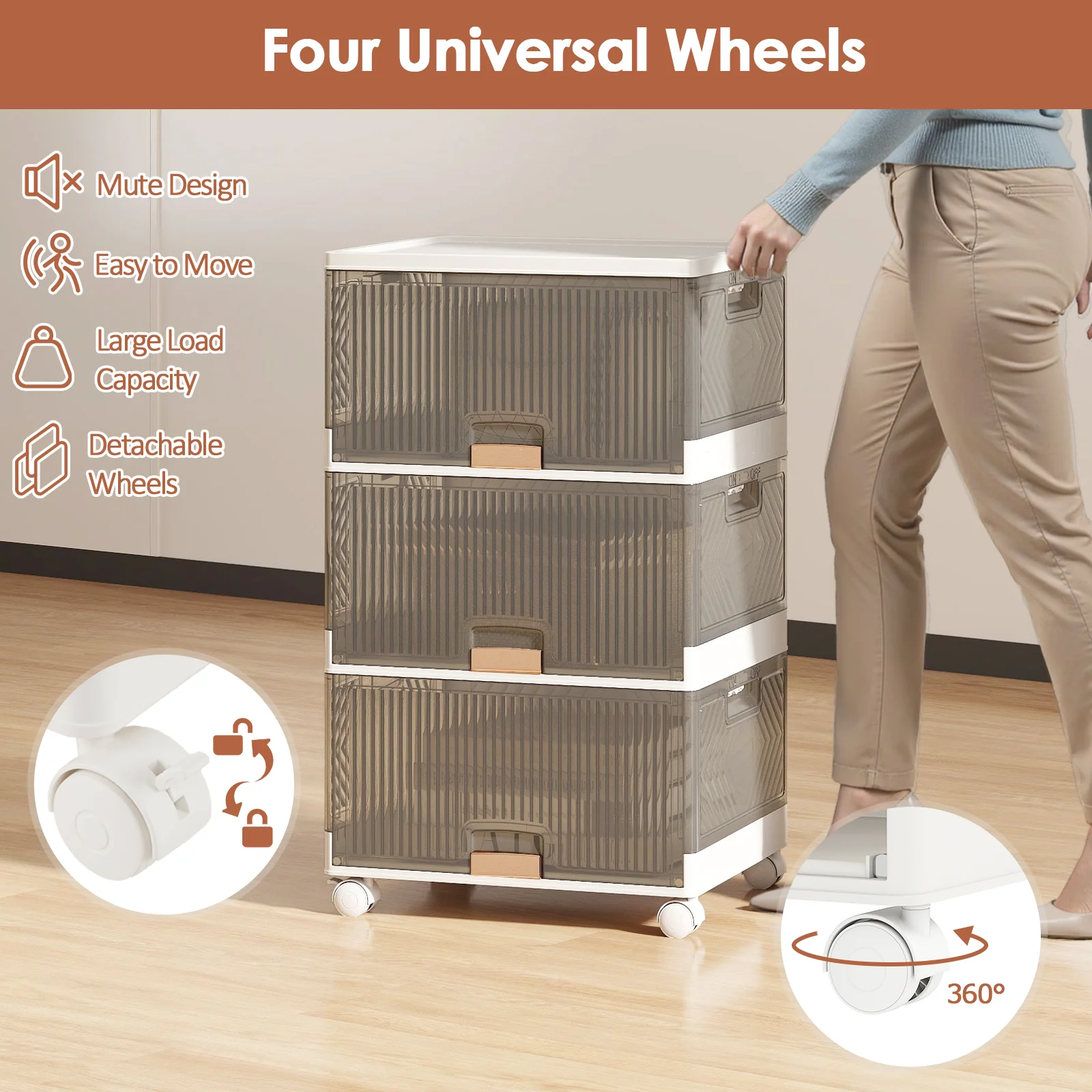 3 Cube Stackable Storage Bins, Detachable Wheels, White - Image 10
