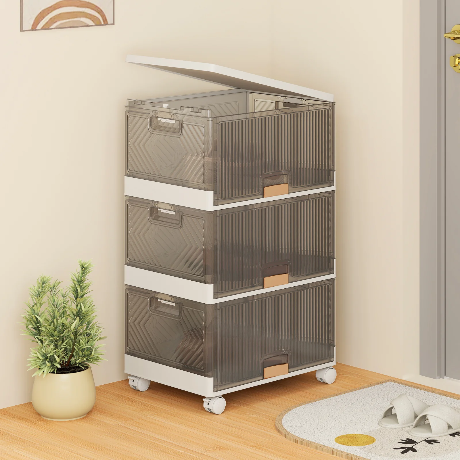3 Cube Stackable Storage Bins, Detachable Wheels, White - Image 2