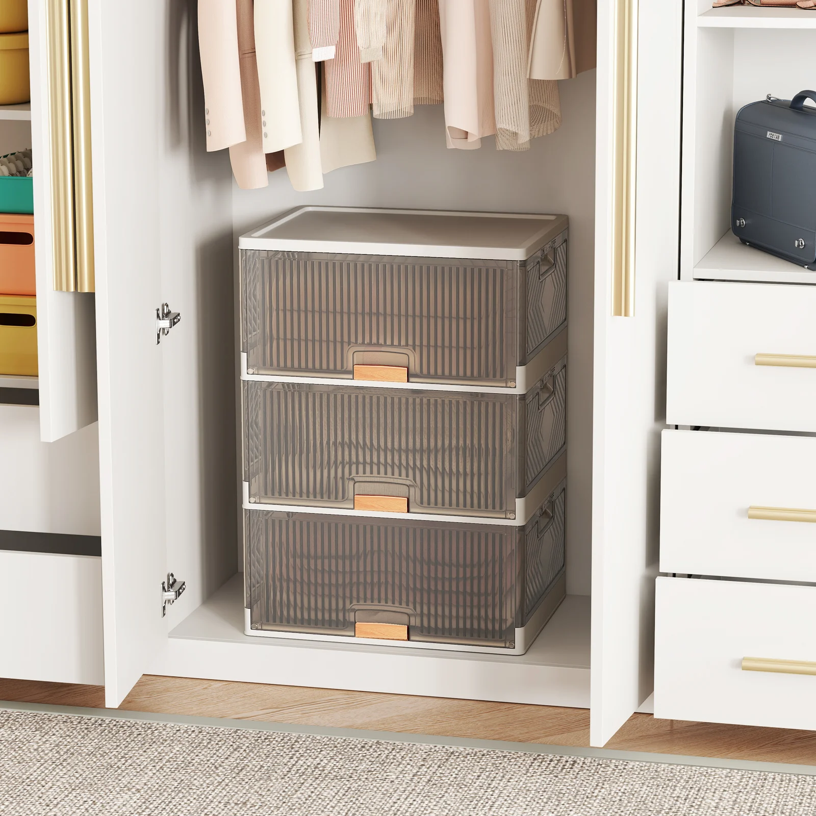 3 Cube Stackable Storage Bins, Detachable Wheels, White - Image 3