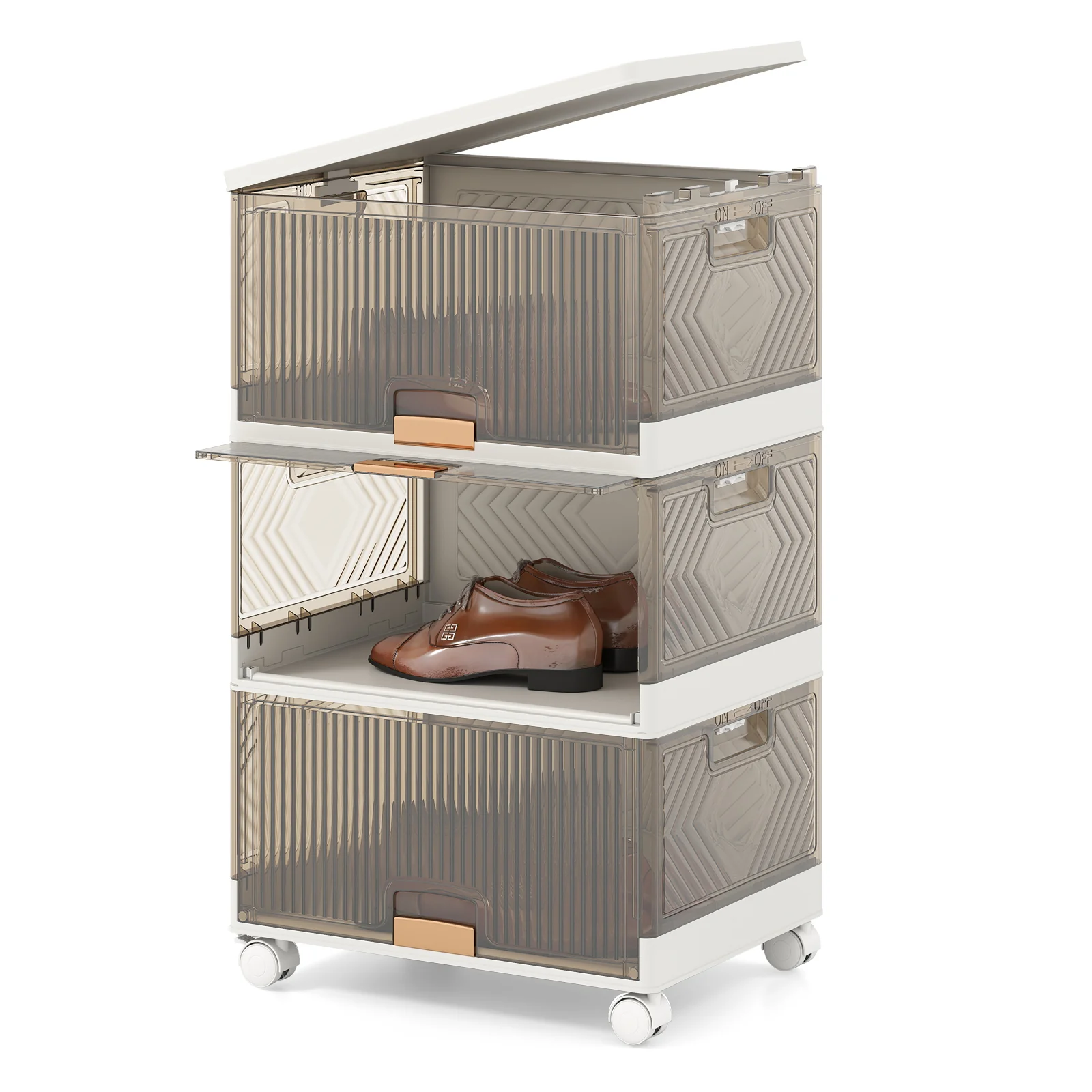 3 Cube Stackable Storage Bins, Detachable Wheels, White - Image 5