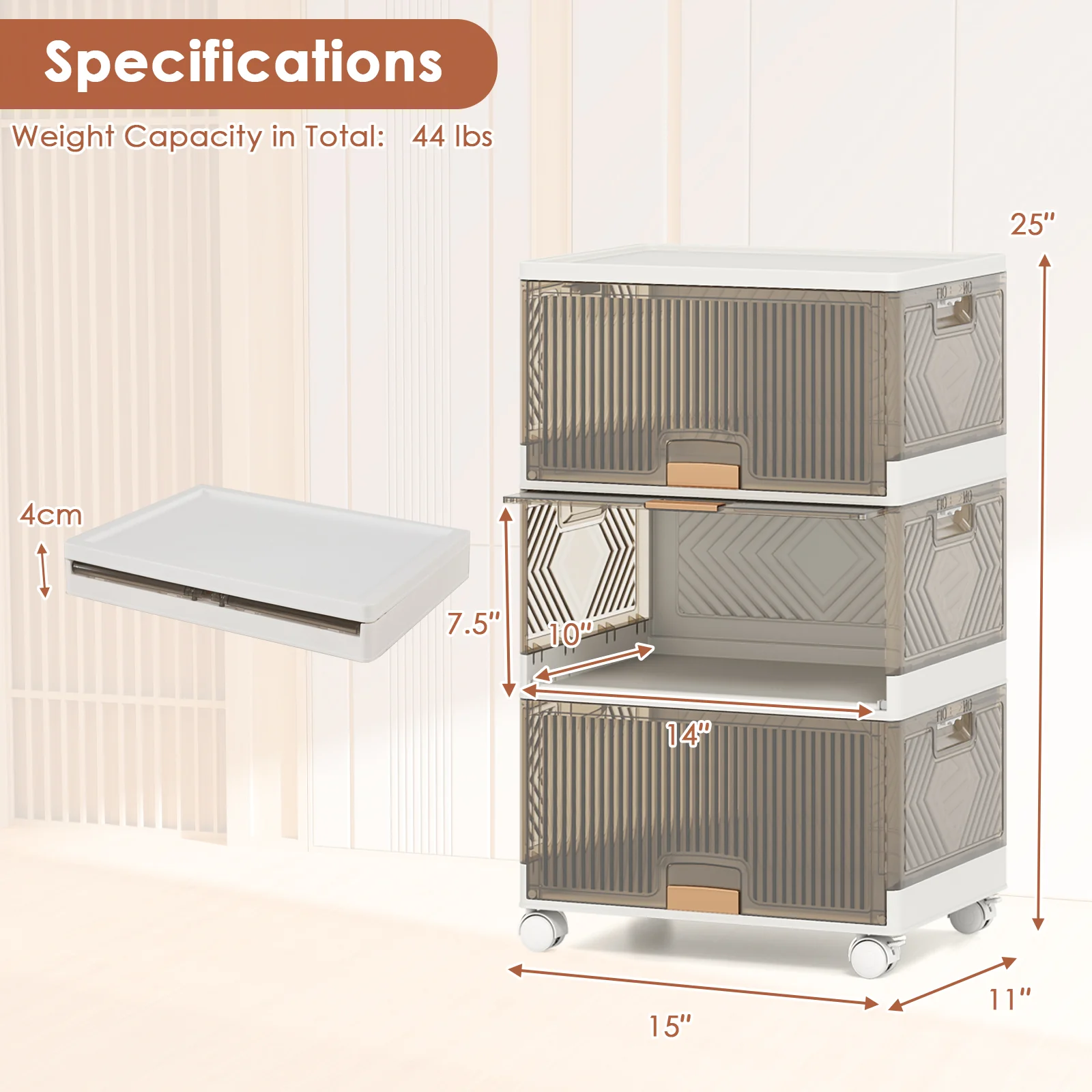 3 Cube Stackable Storage Bins, Detachable Wheels, White - Image 6