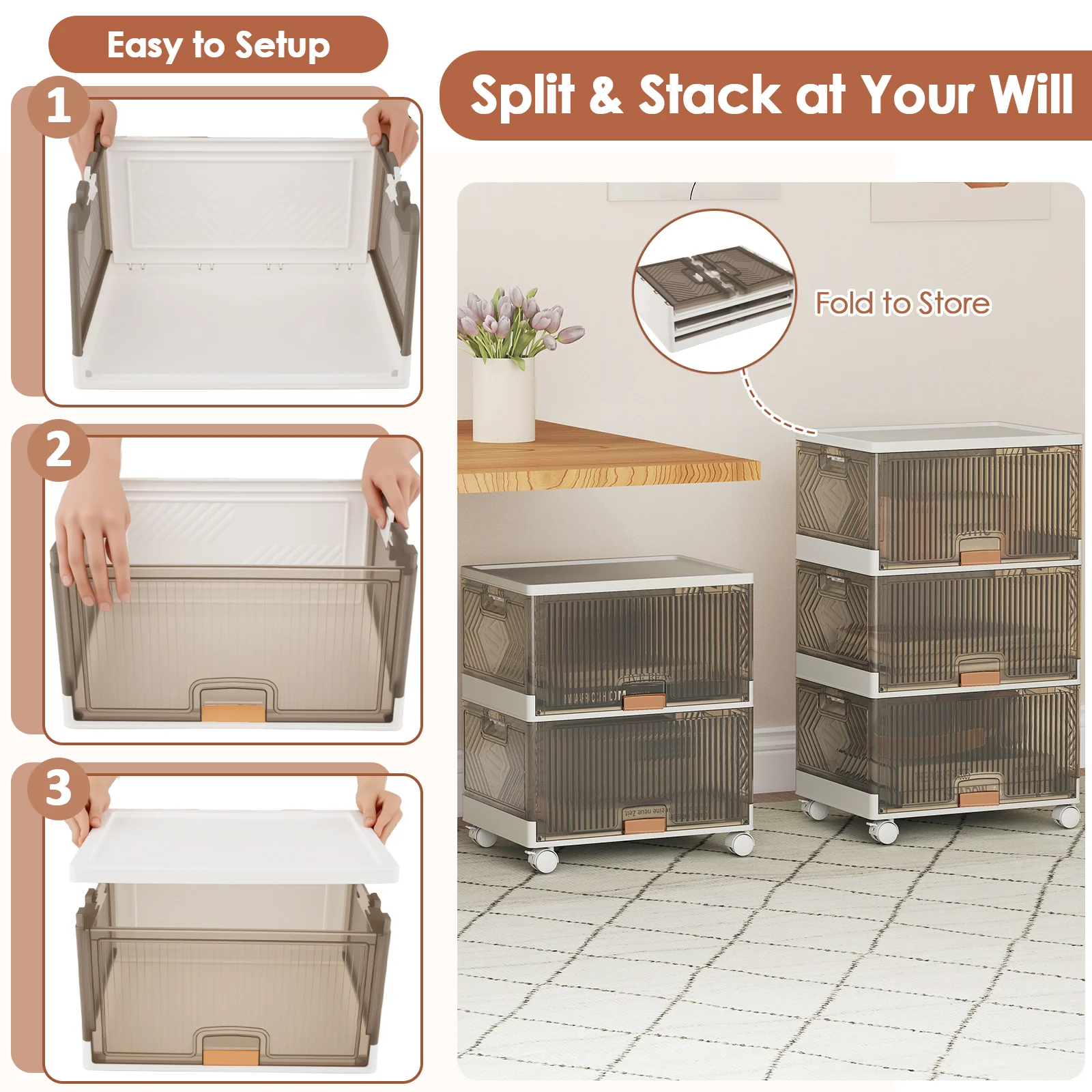 3 Cube Stackable Storage Bins, Detachable Wheels, White - Image 9