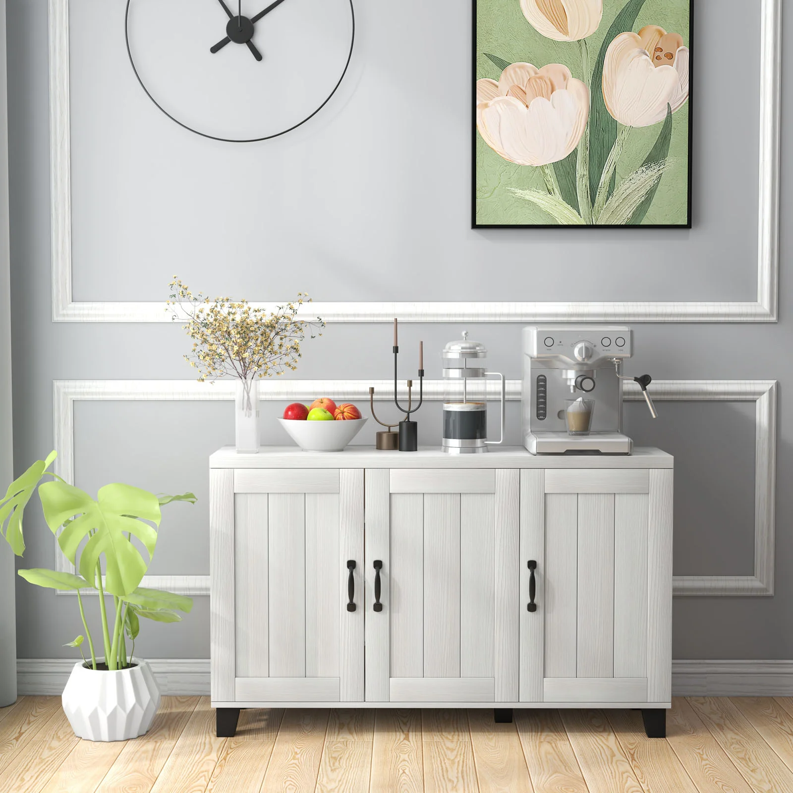 3-Door Buffet Sideboard, Adjustable Shelves, Anti-Tipping Kits, White Wash, White - Image 2